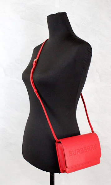 Burberry Hampshire Small Red Embossed Logo Smooth Leather Crossbody Bag.