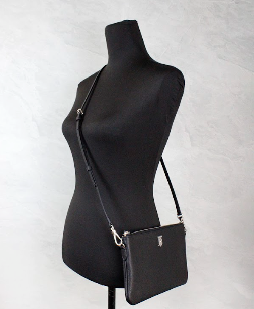 Burberry Peyton Monogram Black Leather Pouch Crossbody Bag Purse.