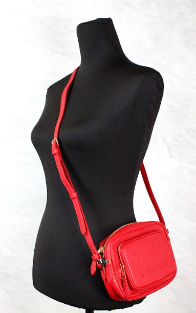 Burberry Small Branded Bright Red Grainy Leather Camera Crossbody Bag.