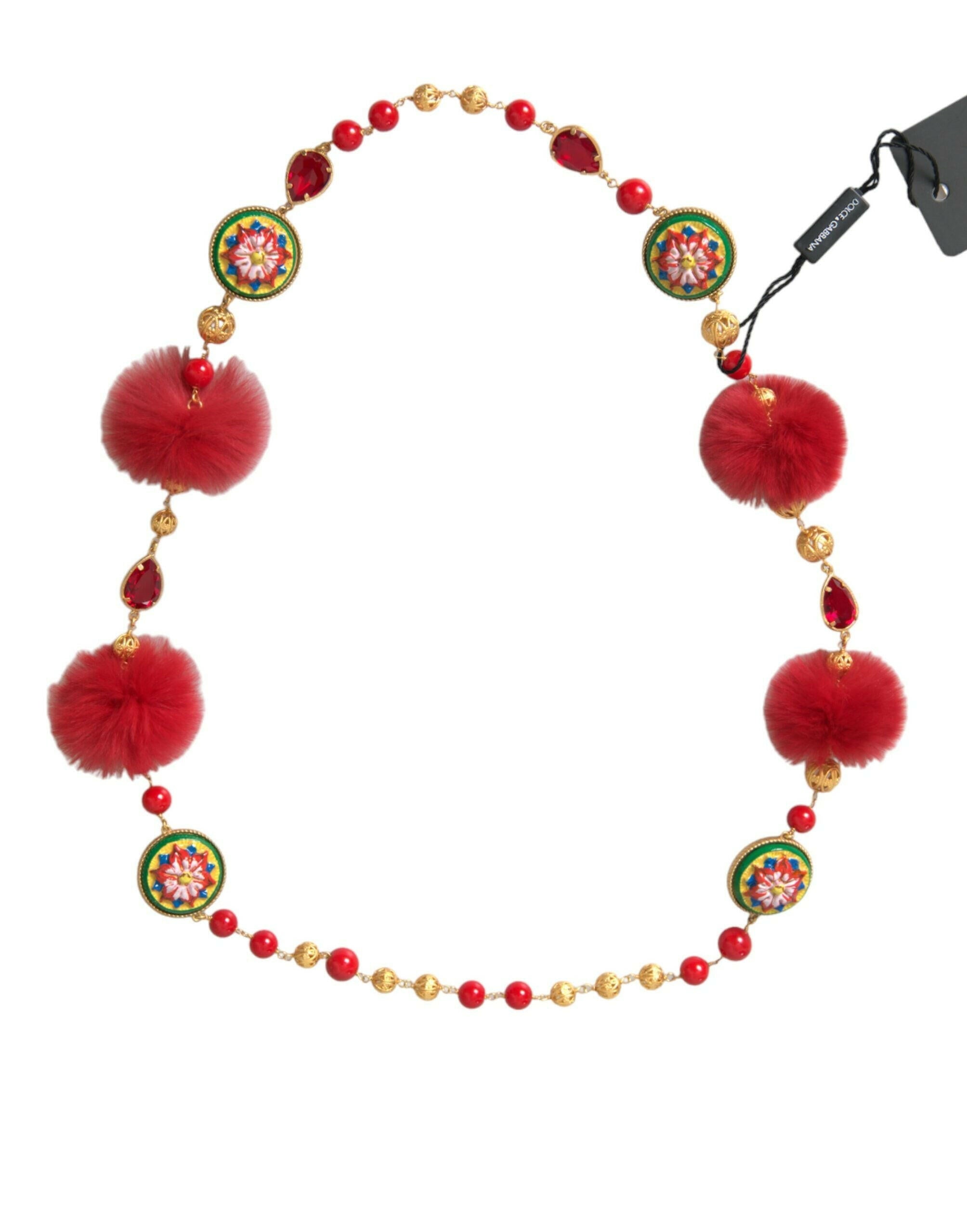 Dolce & Gabbana Gold Brass Red Fur Crystal Carretto Chain Necklace.