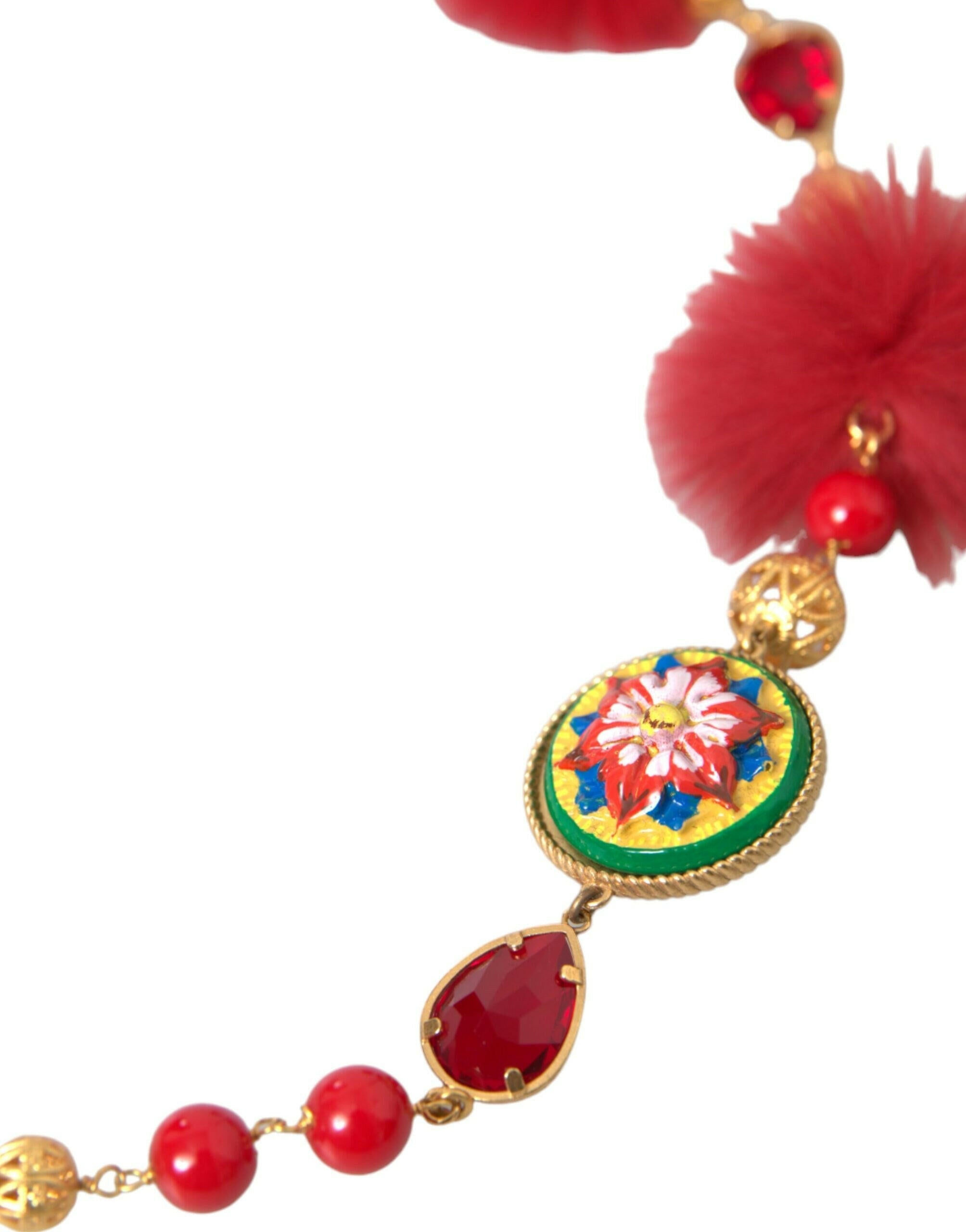 Dolce & Gabbana Gold Brass Red Fur Crystal Carretto Chain Necklace.