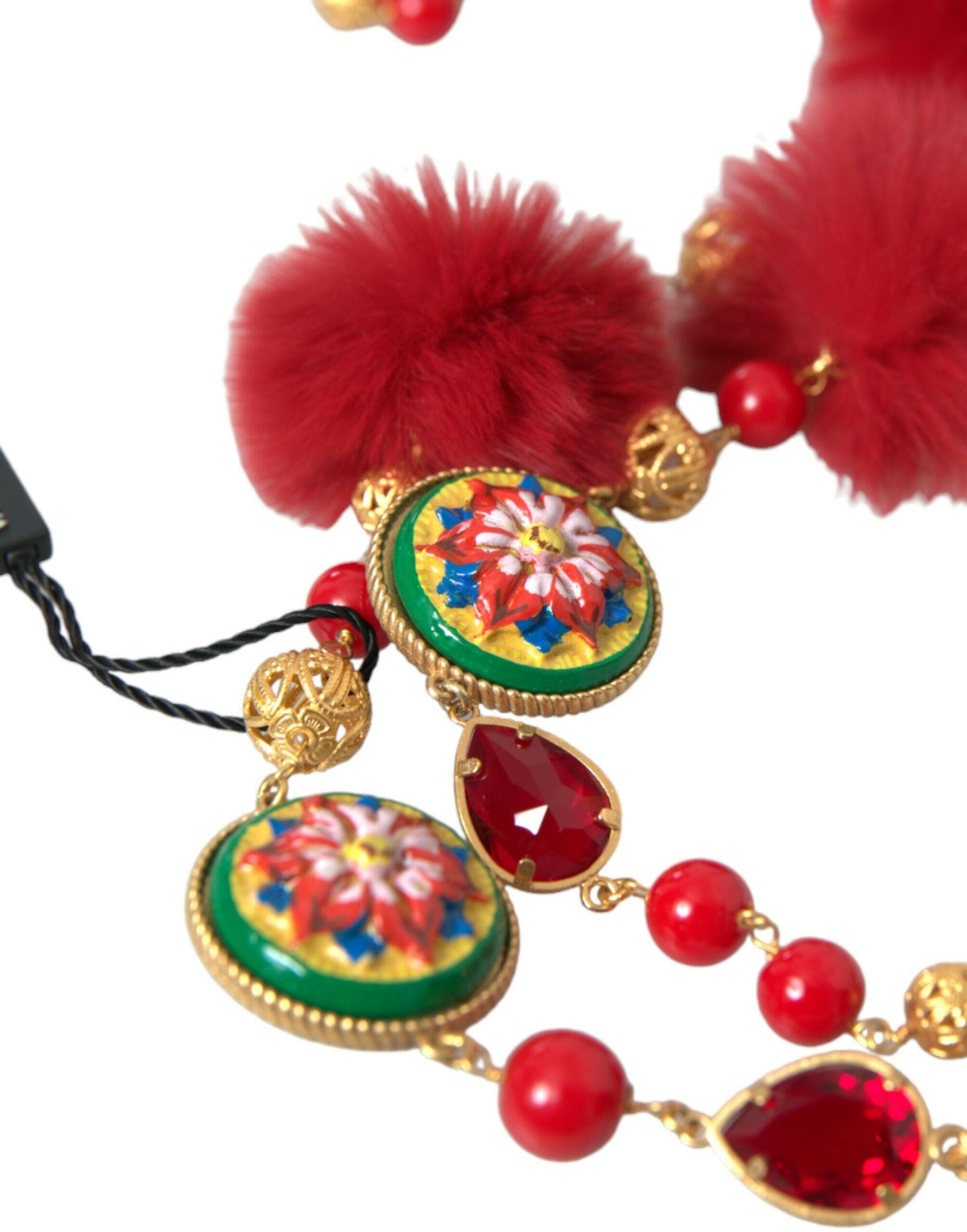 Dolce & Gabbana Gold Brass Red Fur Crystal Carretto Chain Necklace.