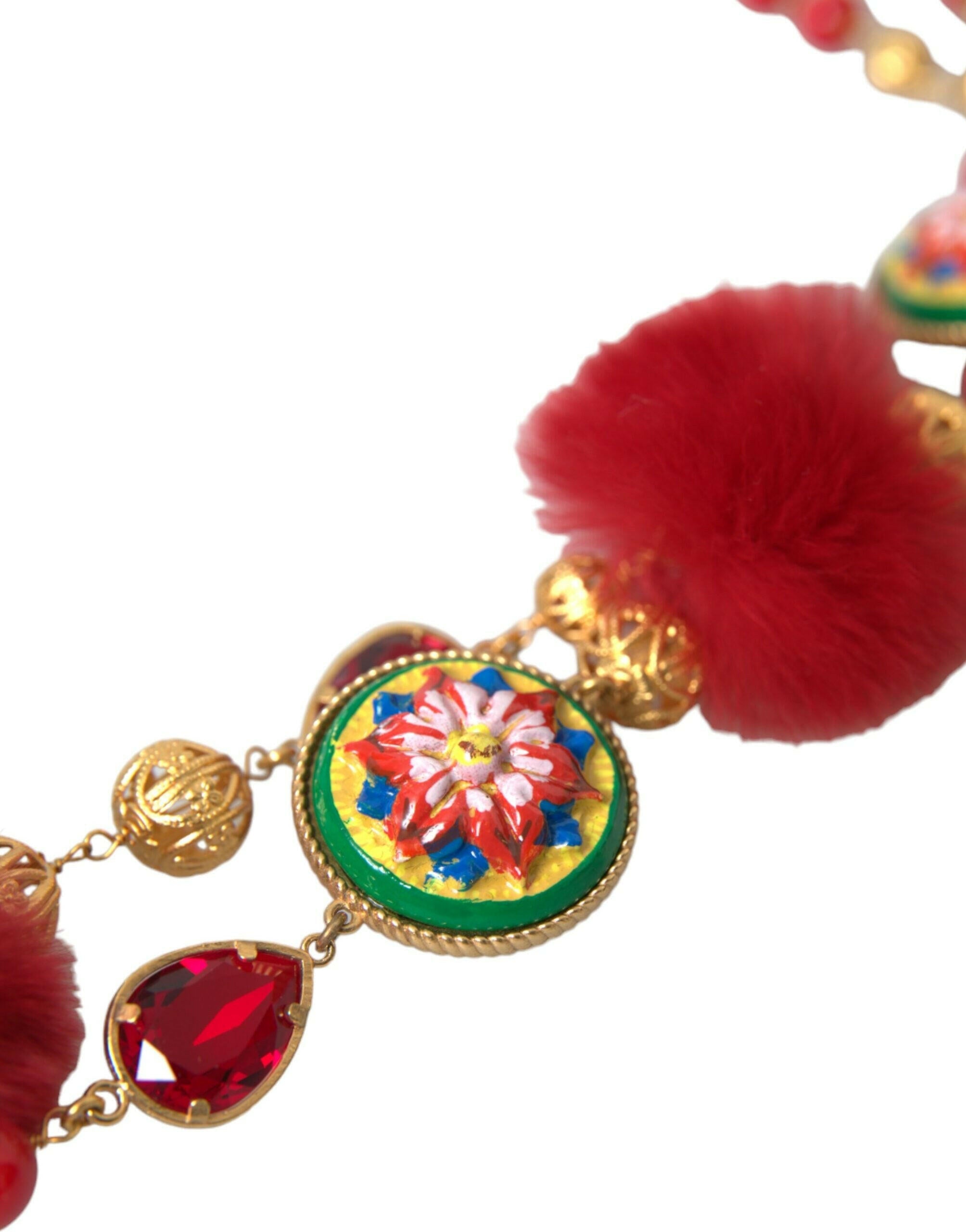 Dolce & Gabbana Gold Brass Red Fur Crystal Carretto Chain Necklace.
