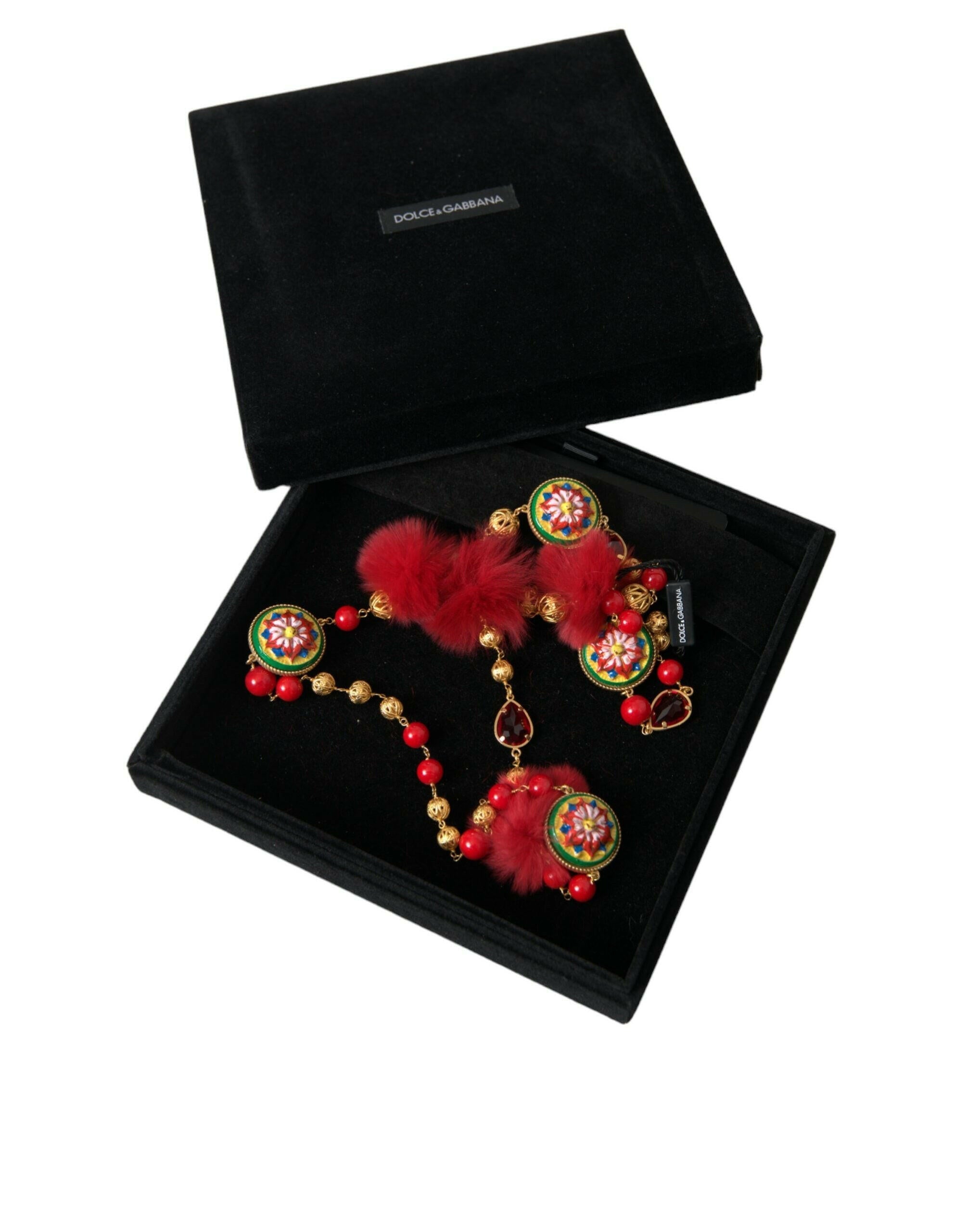 Dolce & Gabbana Gold Brass Red Fur Crystal Carretto Chain Necklace.