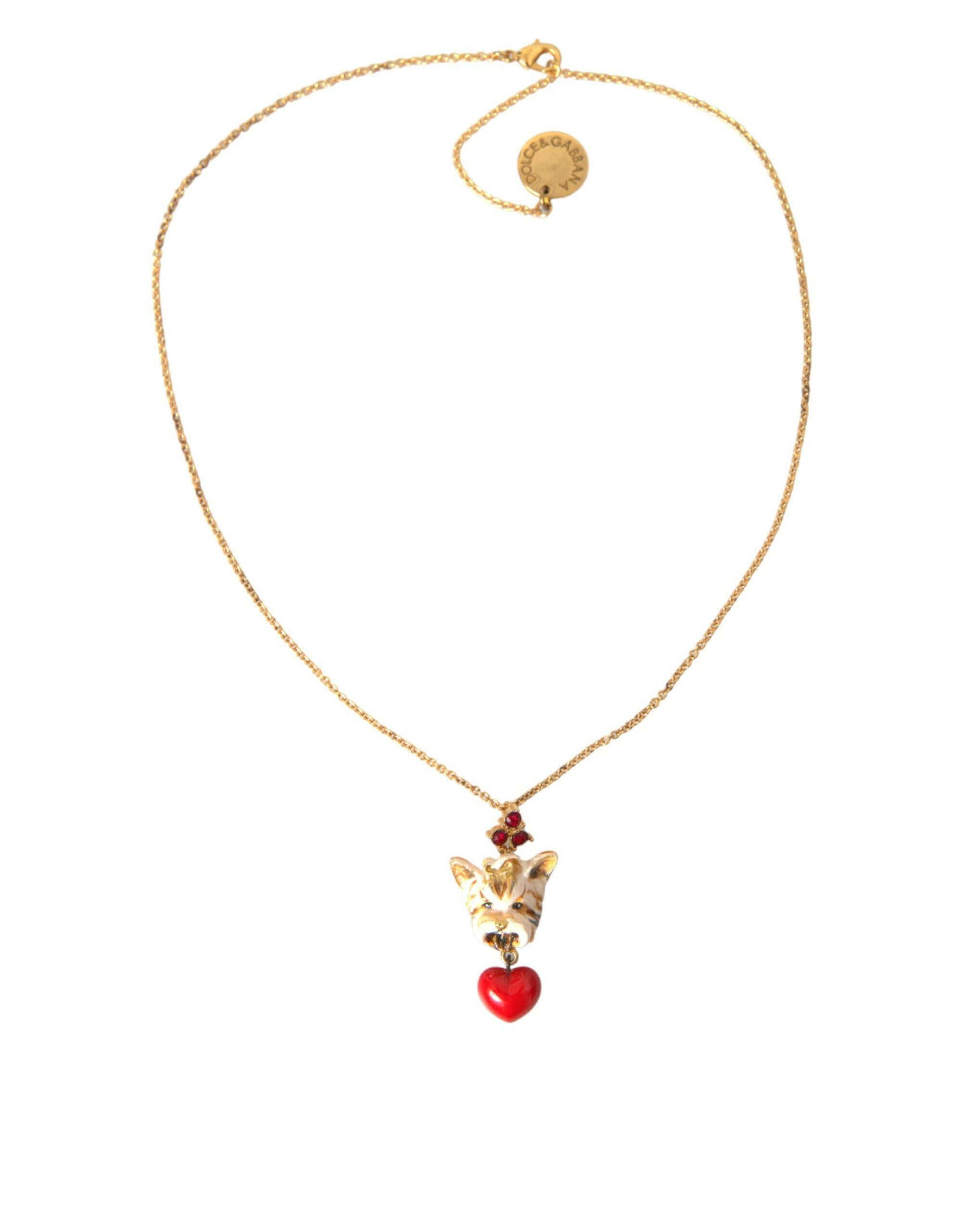 Dolce & Gabbana Gold Brass Chain Dog Heart Pendant Charm Necklace.