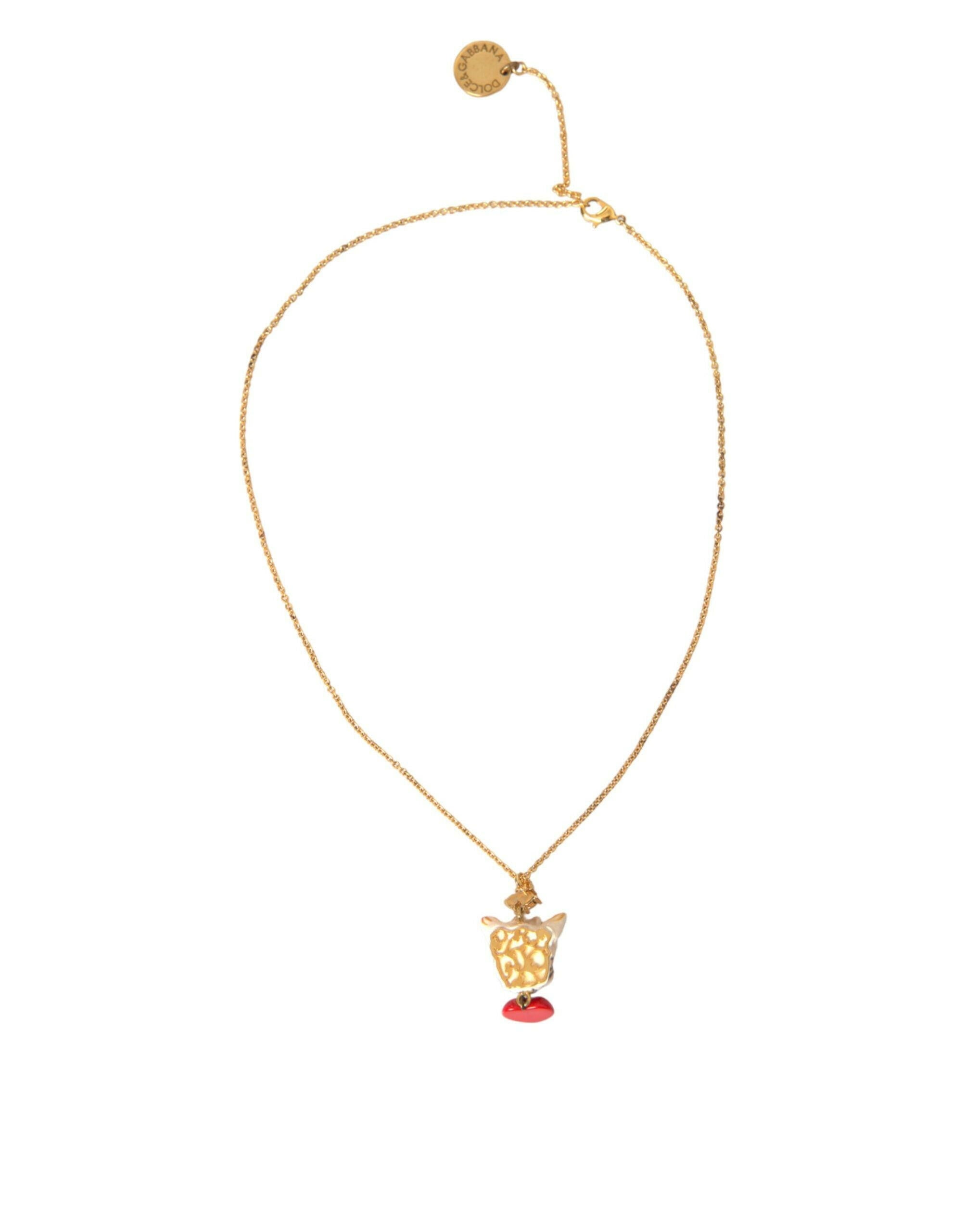 Dolce & Gabbana Gold Brass Chain Dog Heart Pendant Charm Necklace.