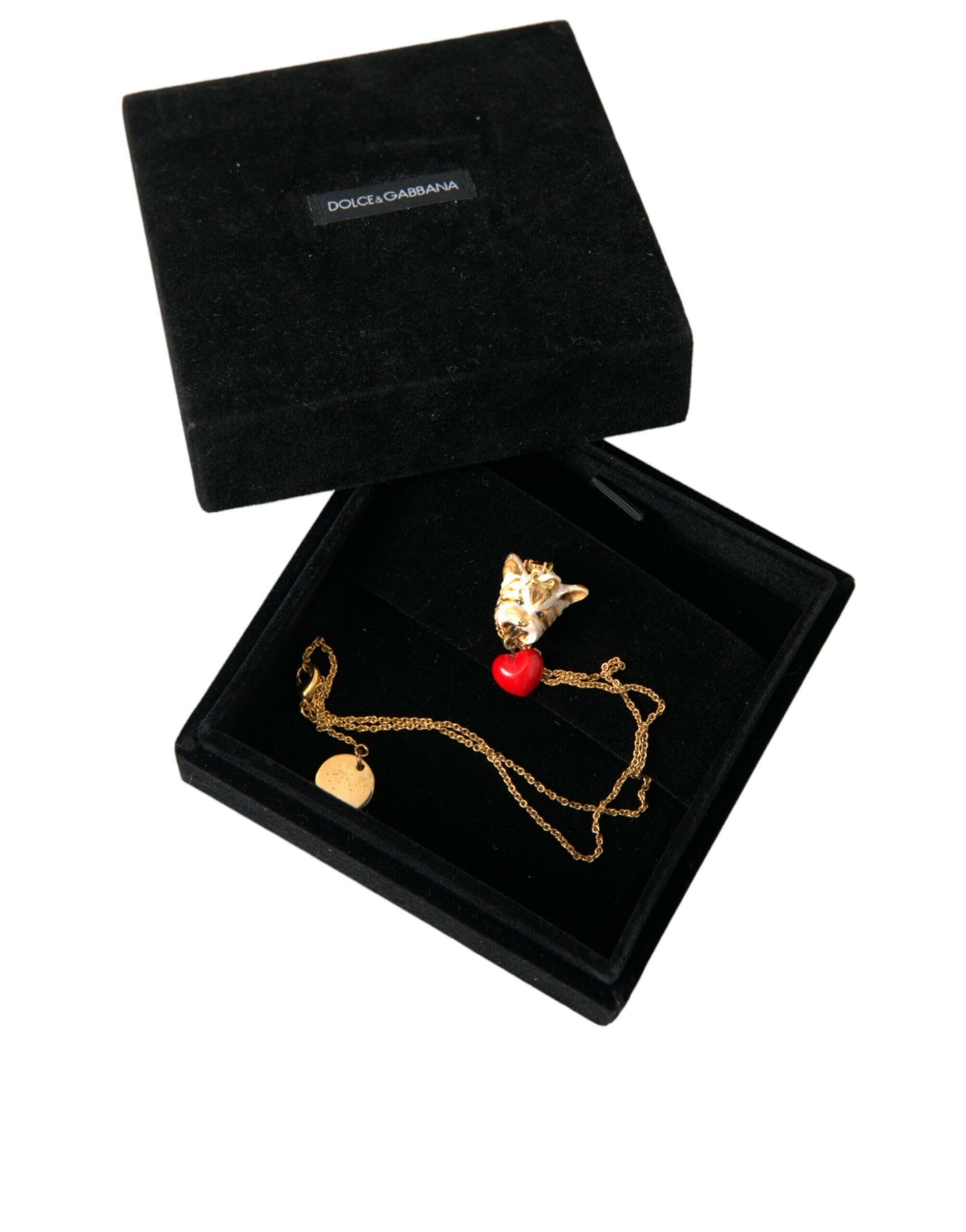 Dolce & Gabbana Gold Brass Chain Dog Heart Pendant Charm Necklace.