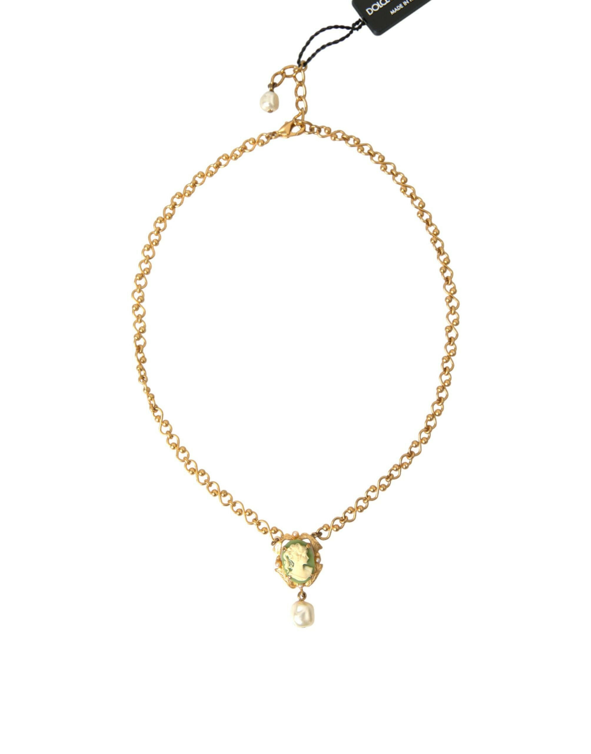 Dolce & Gabbana Gold Brass Chain Pearl Pendant Charm Necklace.