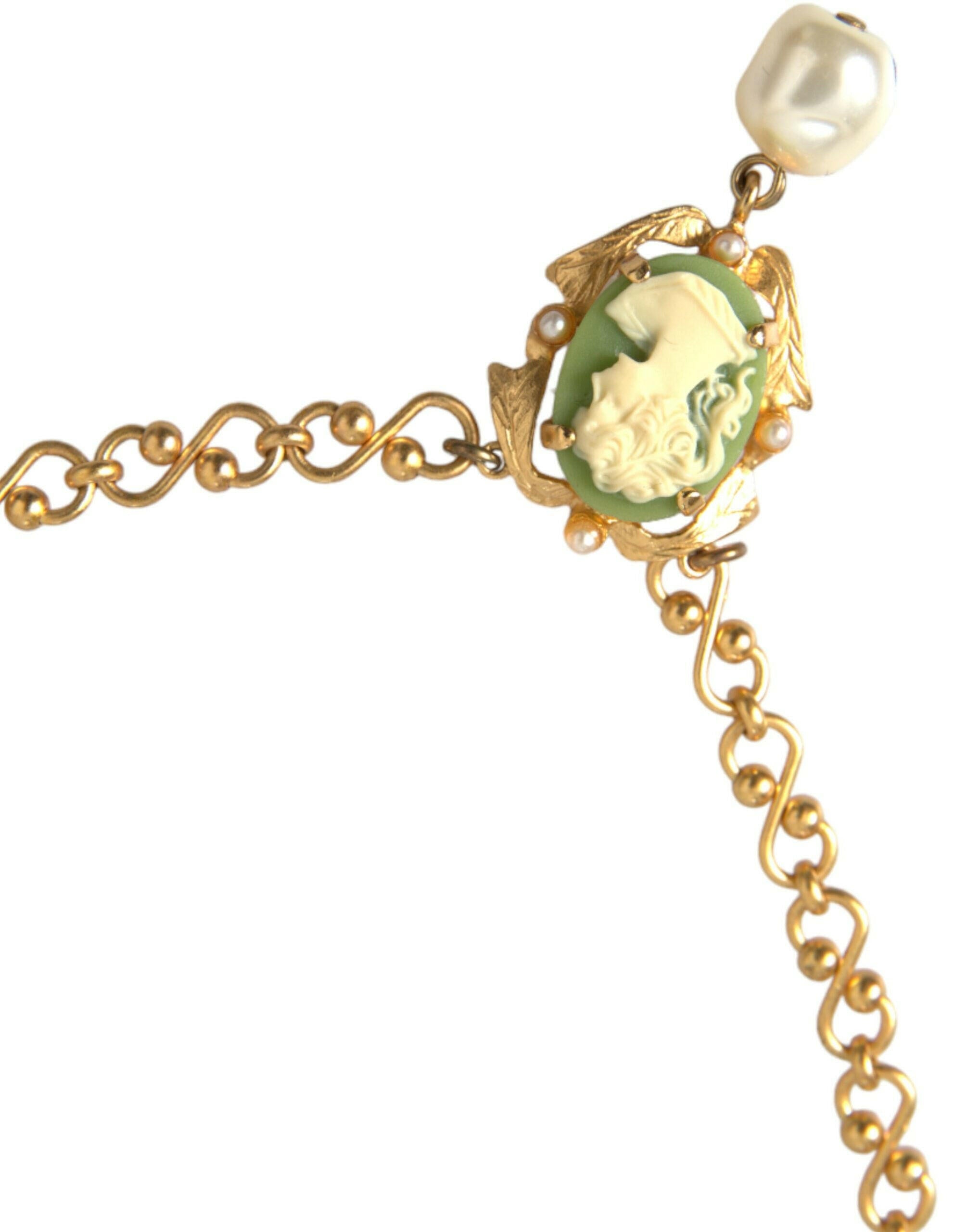 Dolce & Gabbana Gold Brass Chain Pearl Pendant Charm Necklace.
