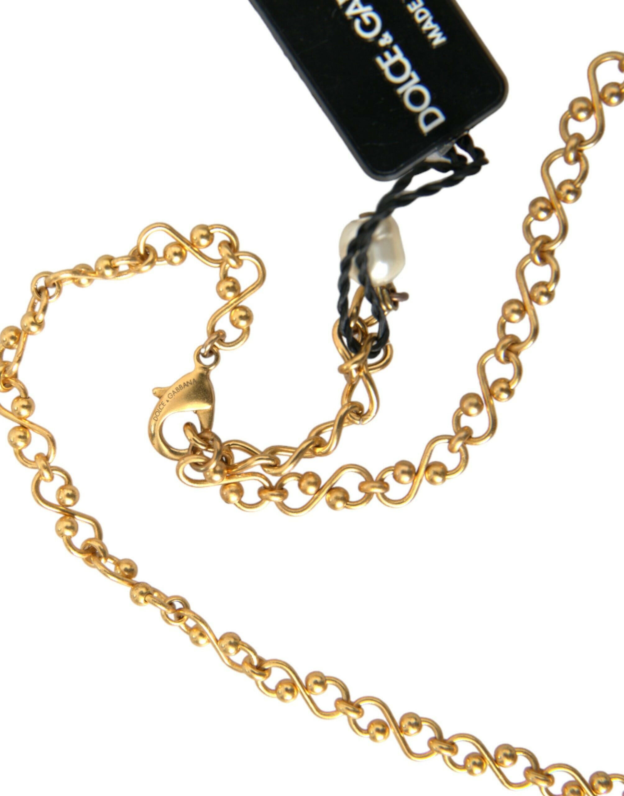 Dolce & Gabbana Gold Brass Chain Pearl Pendant Charm Necklace.