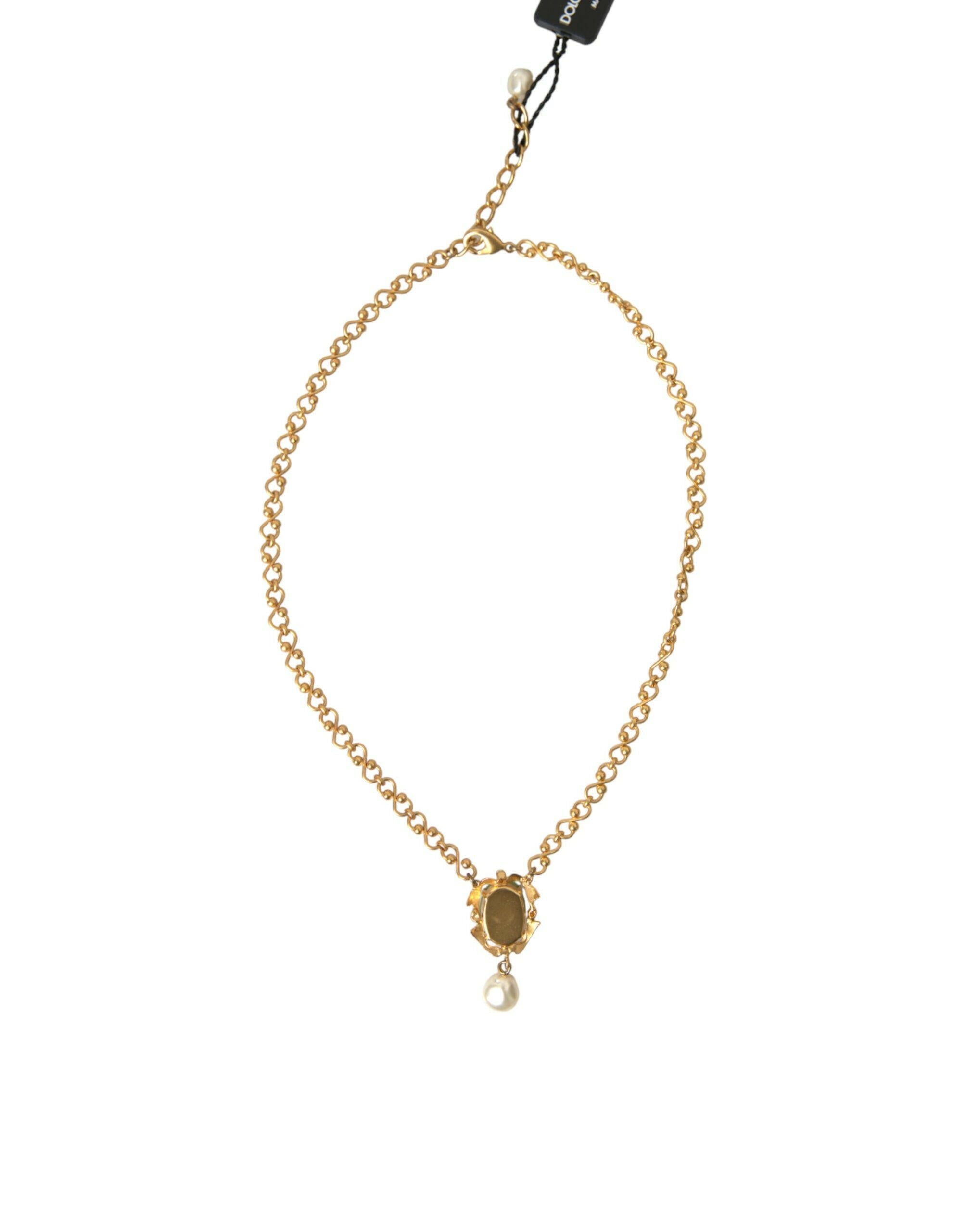 Dolce & Gabbana Gold Brass Chain Pearl Pendant Charm Necklace.