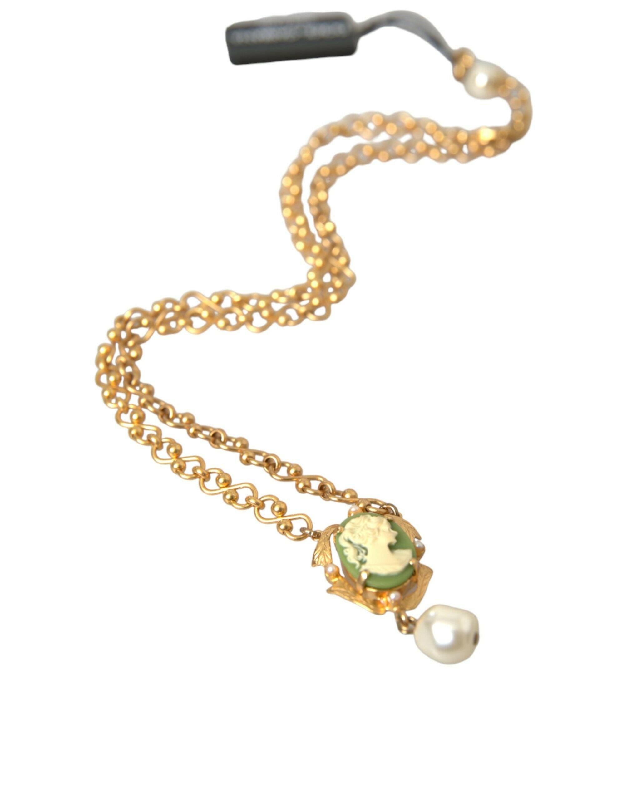 Dolce & Gabbana Gold Brass Chain Pearl Pendant Charm Necklace.