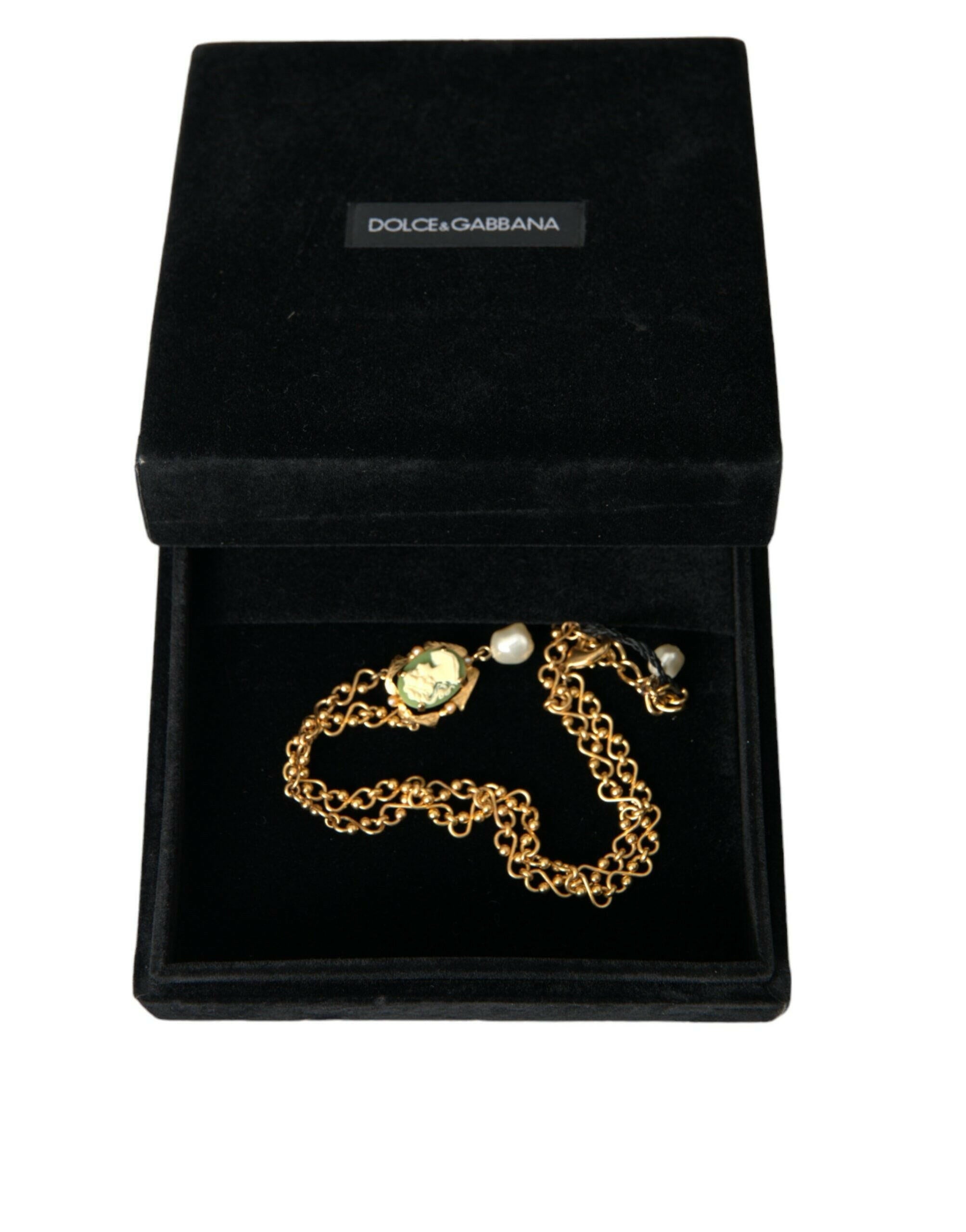 Dolce & Gabbana Gold Brass Chain Pearl Pendant Charm Necklace.
