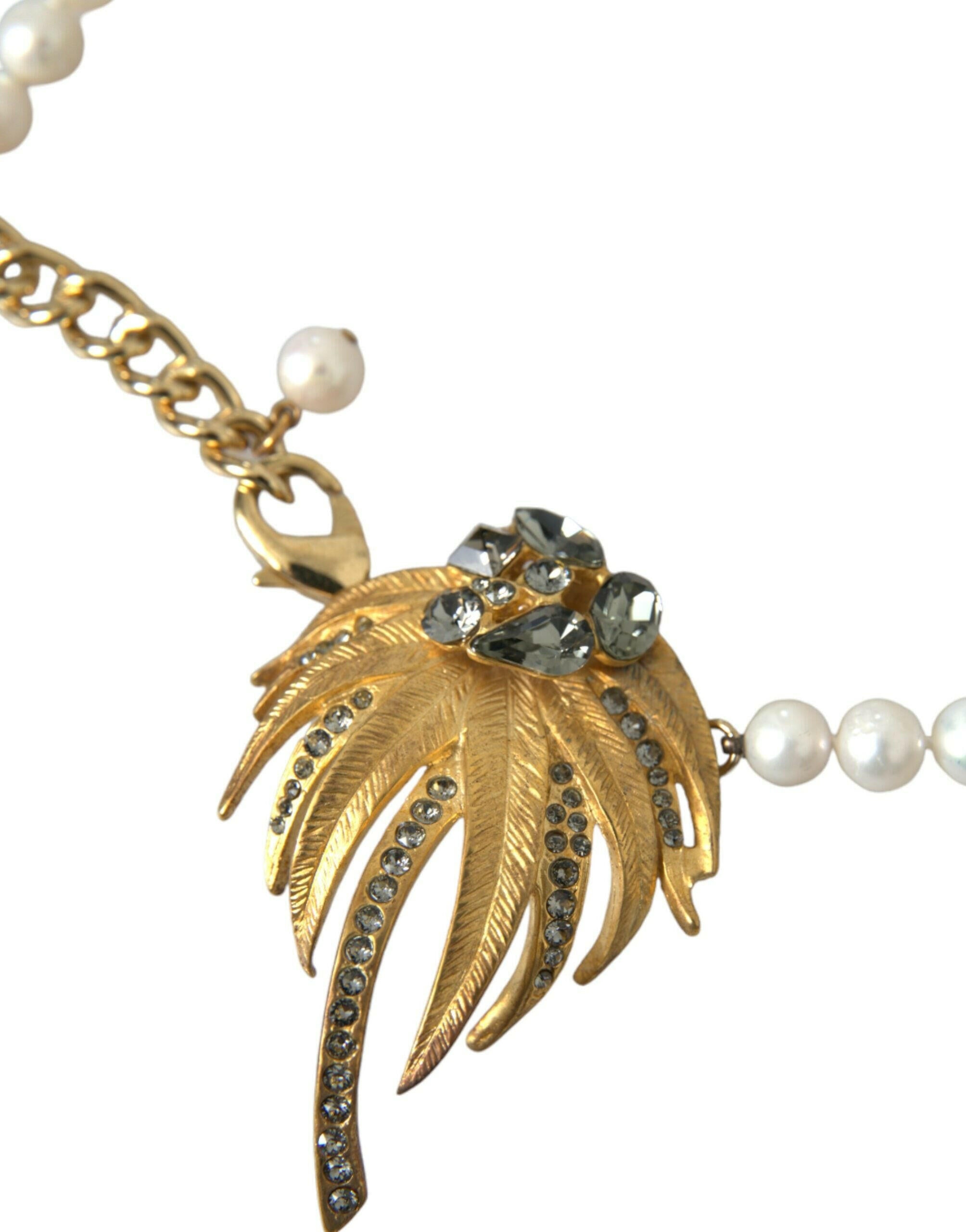 Dolce & Gabbana Gold Brass Crystal Pearl Tree Pendant Charm Necklace.