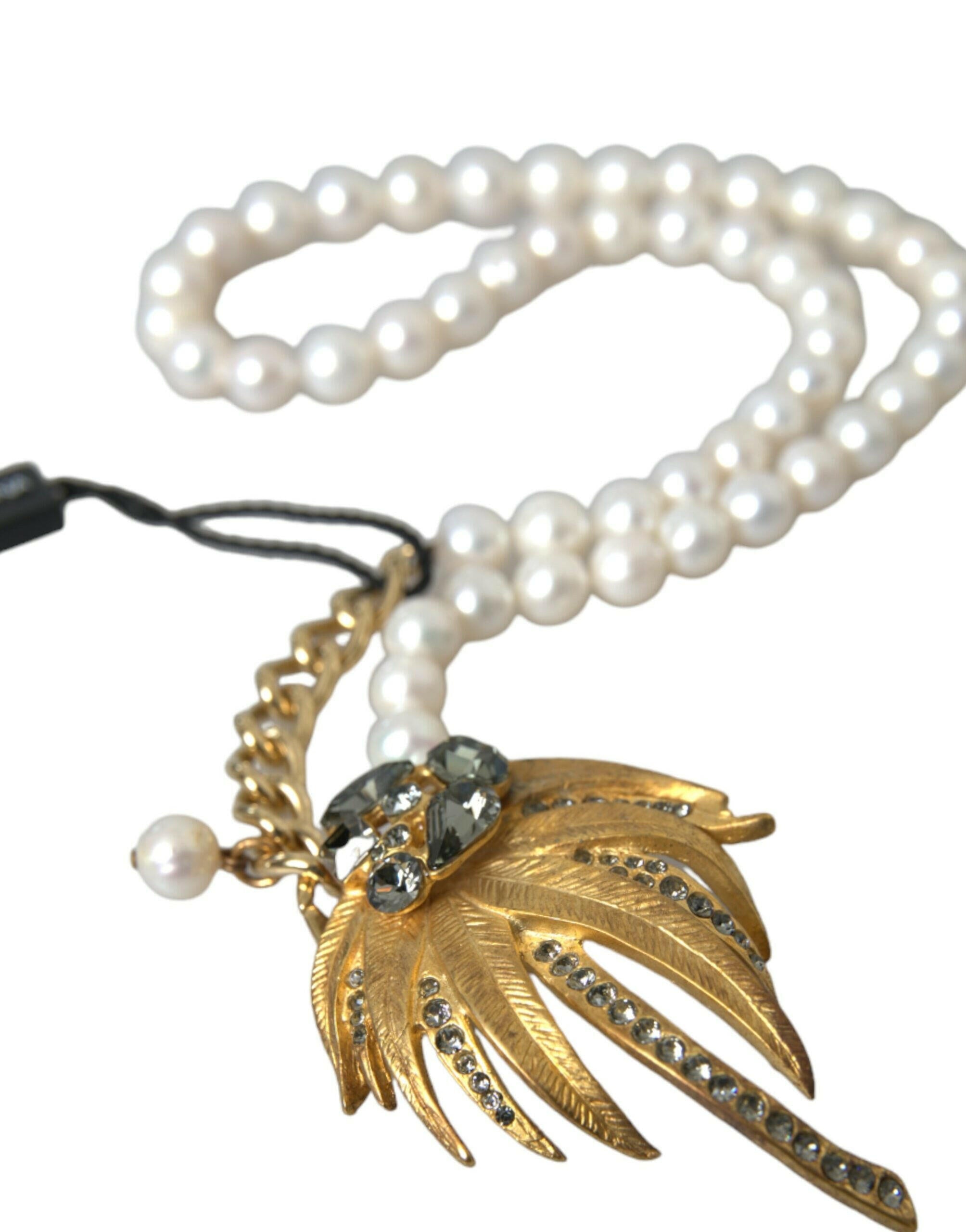 Dolce & Gabbana Gold Brass Crystal Pearl Tree Pendant Charm Necklace.