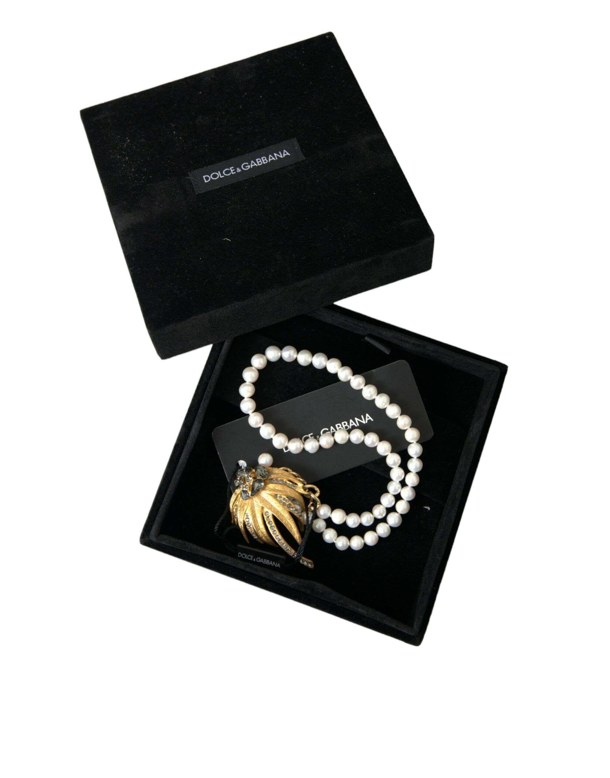 Dolce & Gabbana Gold Brass Crystal Pearl Tree Pendant Charm Necklace.