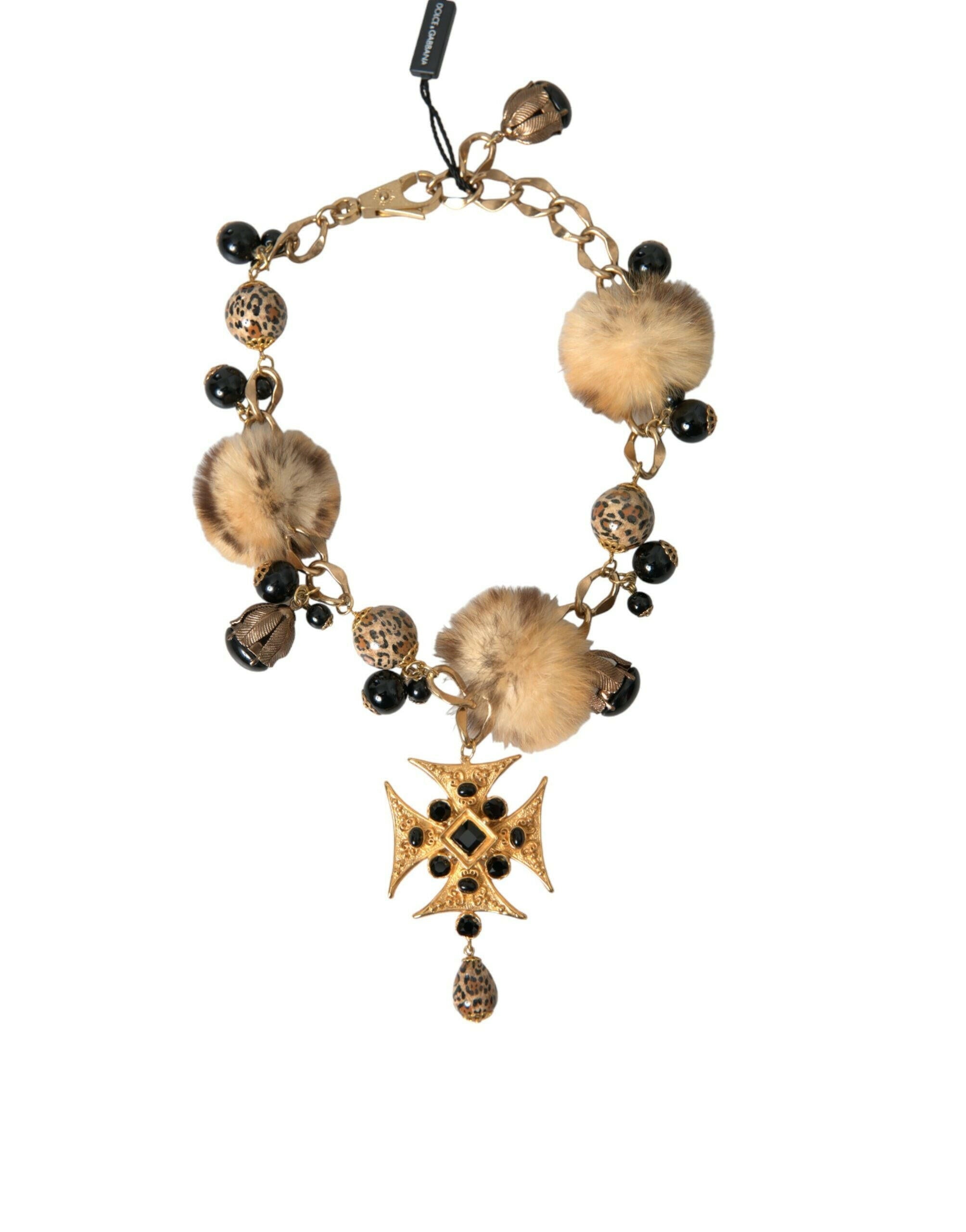 Dolce & Gabbana Gold Black Crystals Lapin Fur Filigree Chocker Necklace.