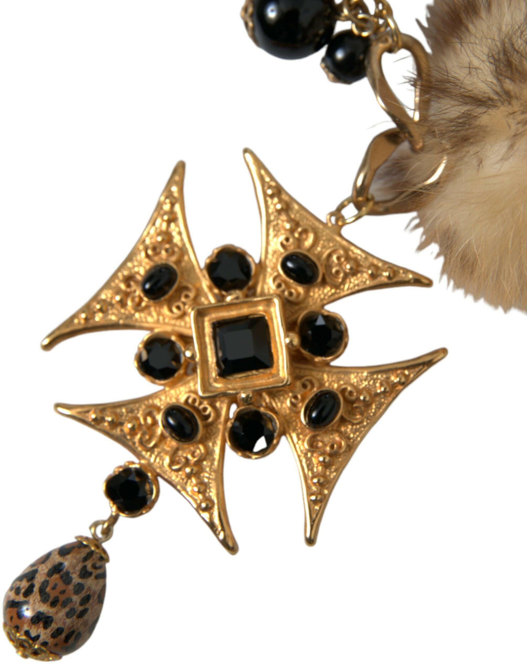 Dolce & Gabbana Gold Black Crystals Lapin Fur Filigree Chocker Necklace.