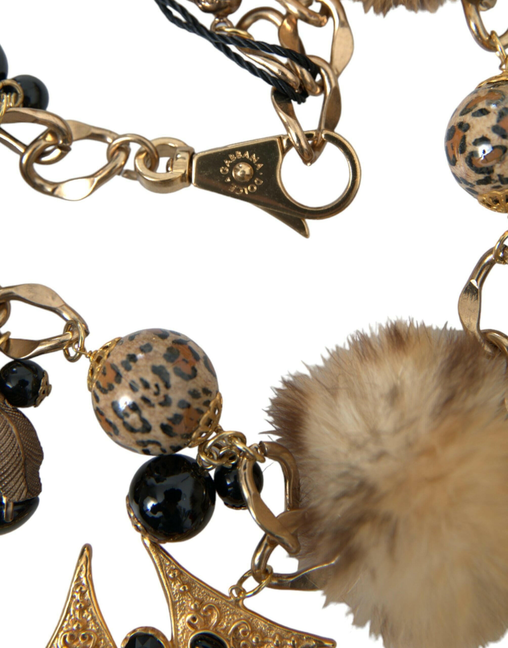 Dolce & Gabbana Gold Black Crystals Lapin Fur Filigree Chocker Necklace.