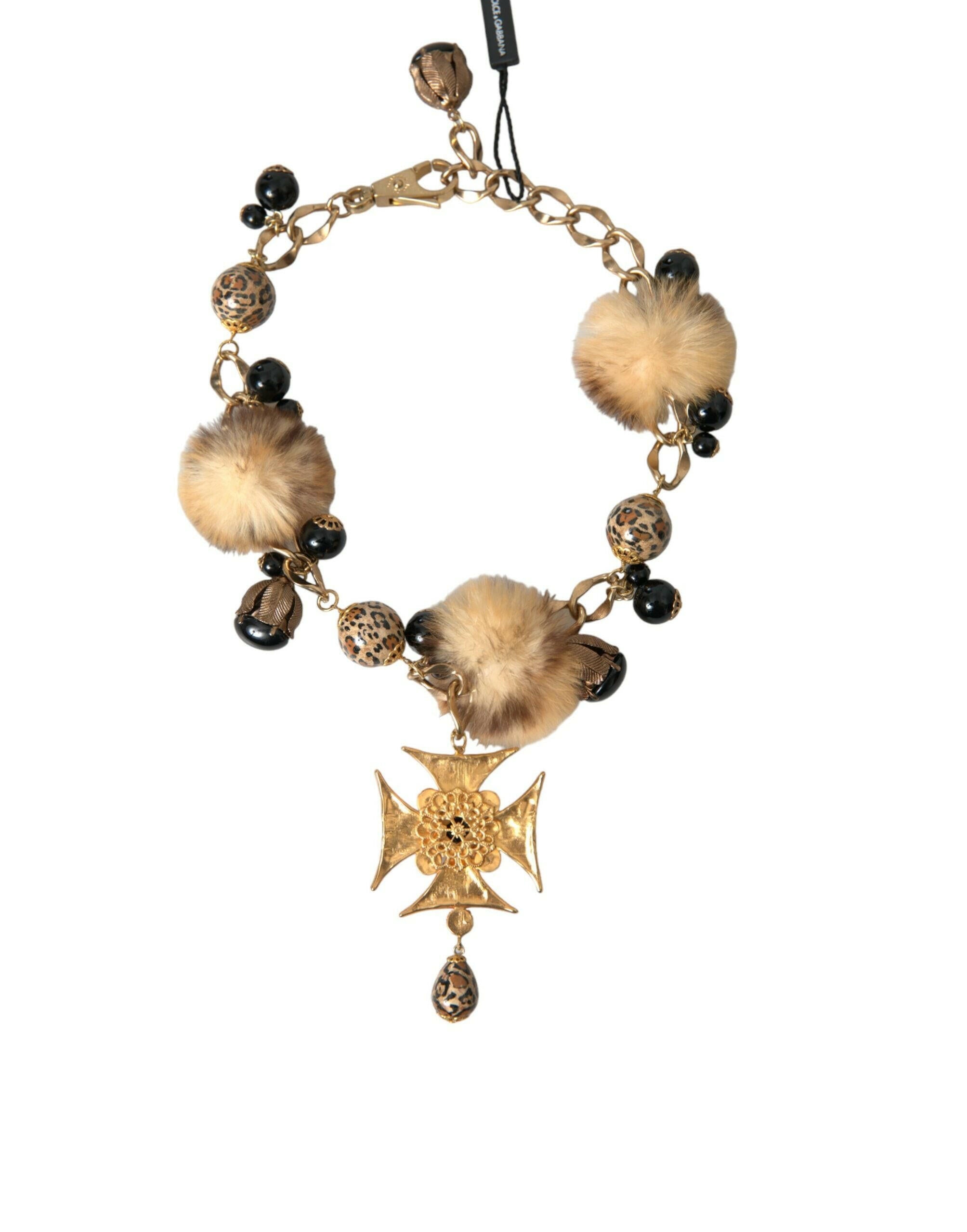 Dolce & Gabbana Gold Black Crystals Lapin Fur Filigree Chocker Necklace.