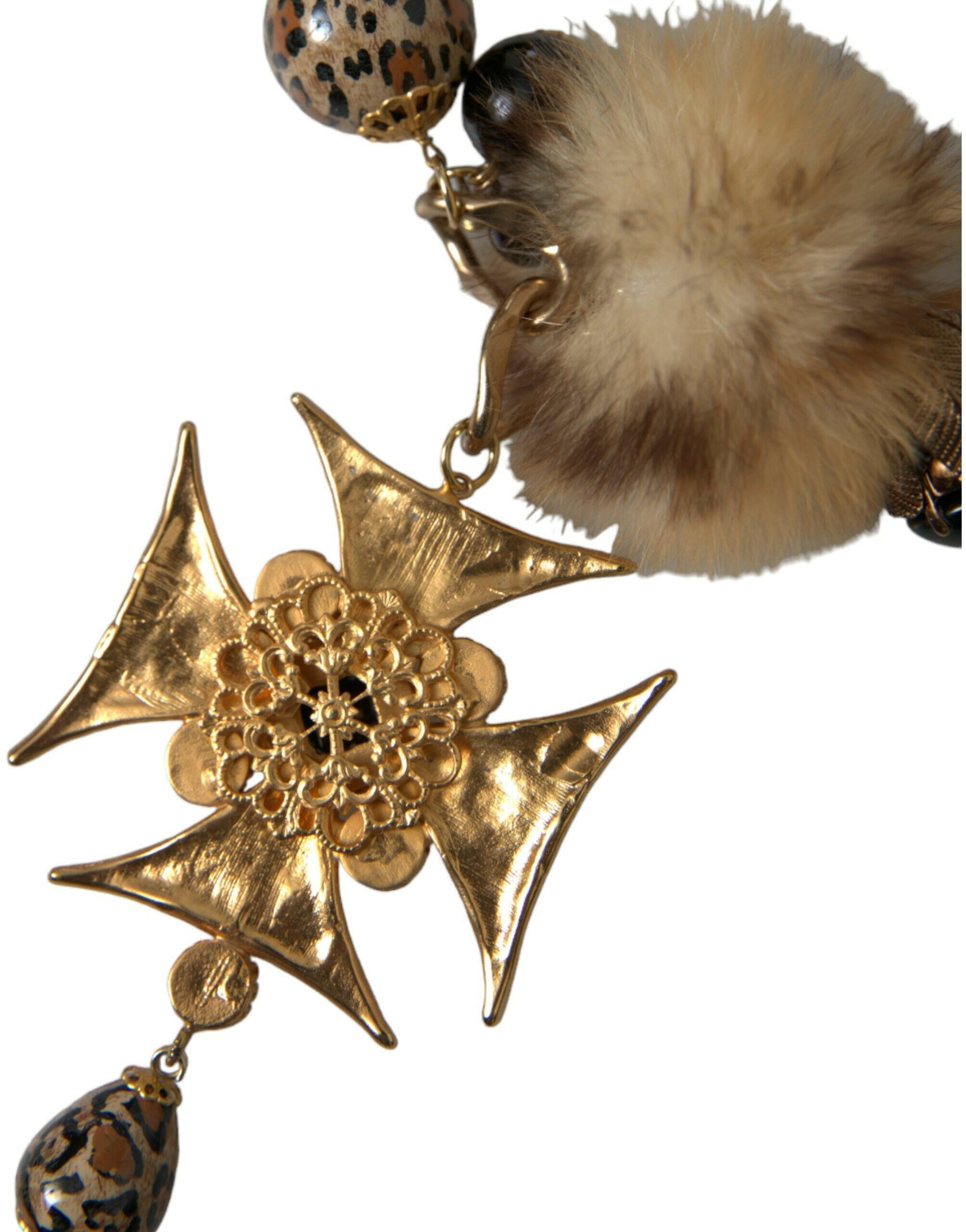 Dolce & Gabbana Gold Black Crystals Lapin Fur Filigree Chocker Necklace.