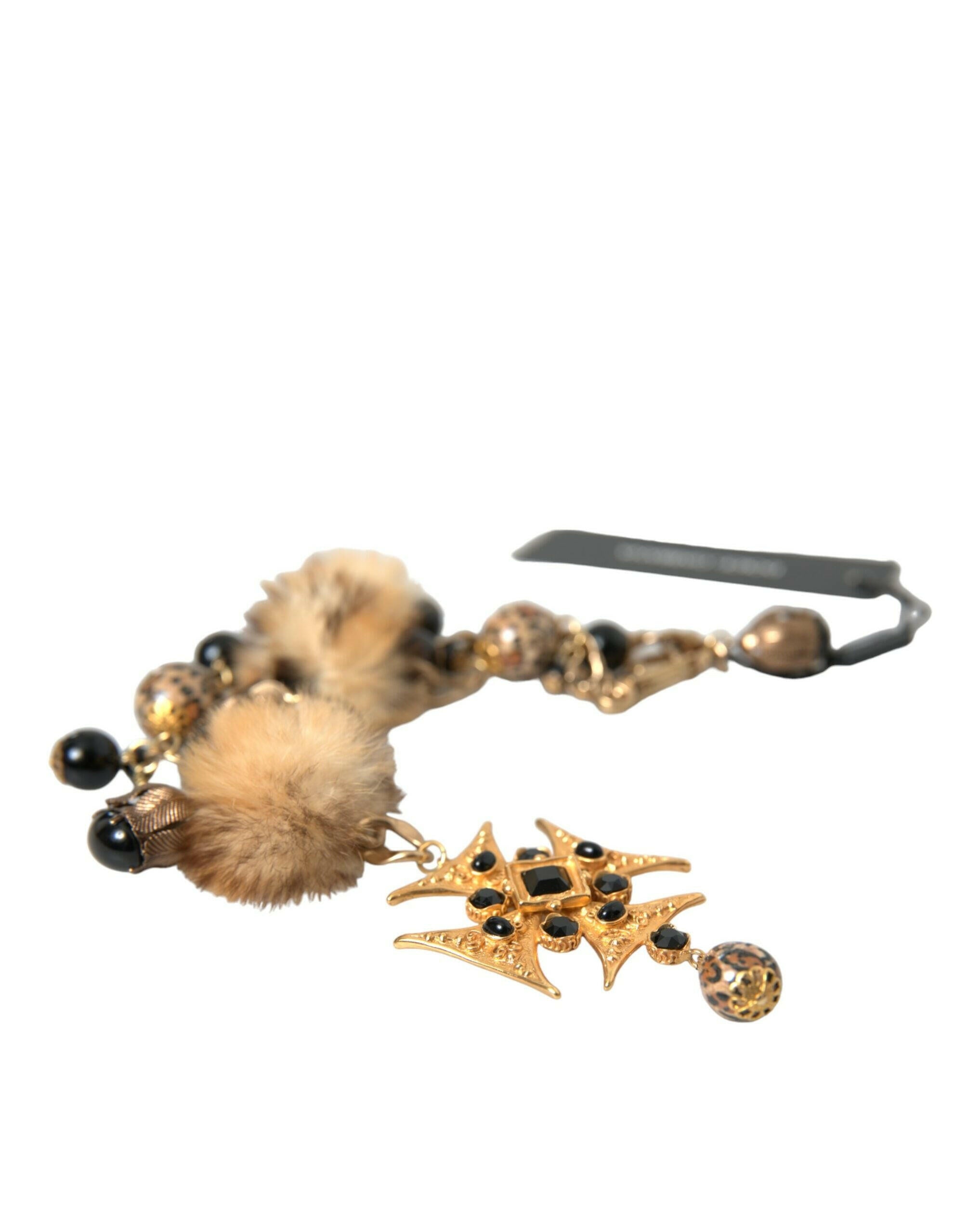 Dolce & Gabbana Gold Black Crystals Lapin Fur Filigree Chocker Necklace.