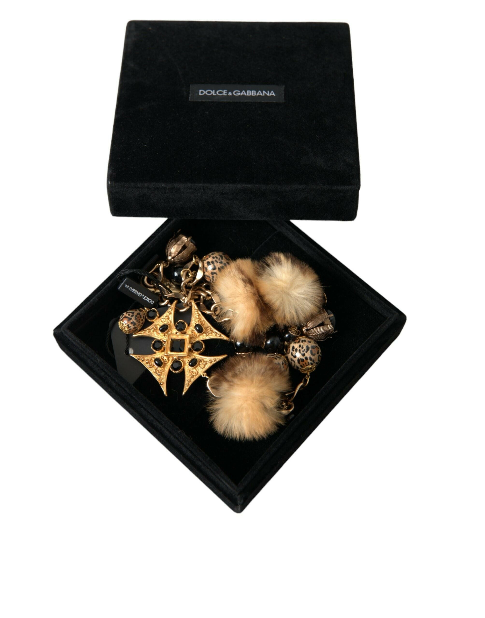 Dolce & Gabbana Gold Black Crystals Lapin Fur Filigree Chocker Necklace.