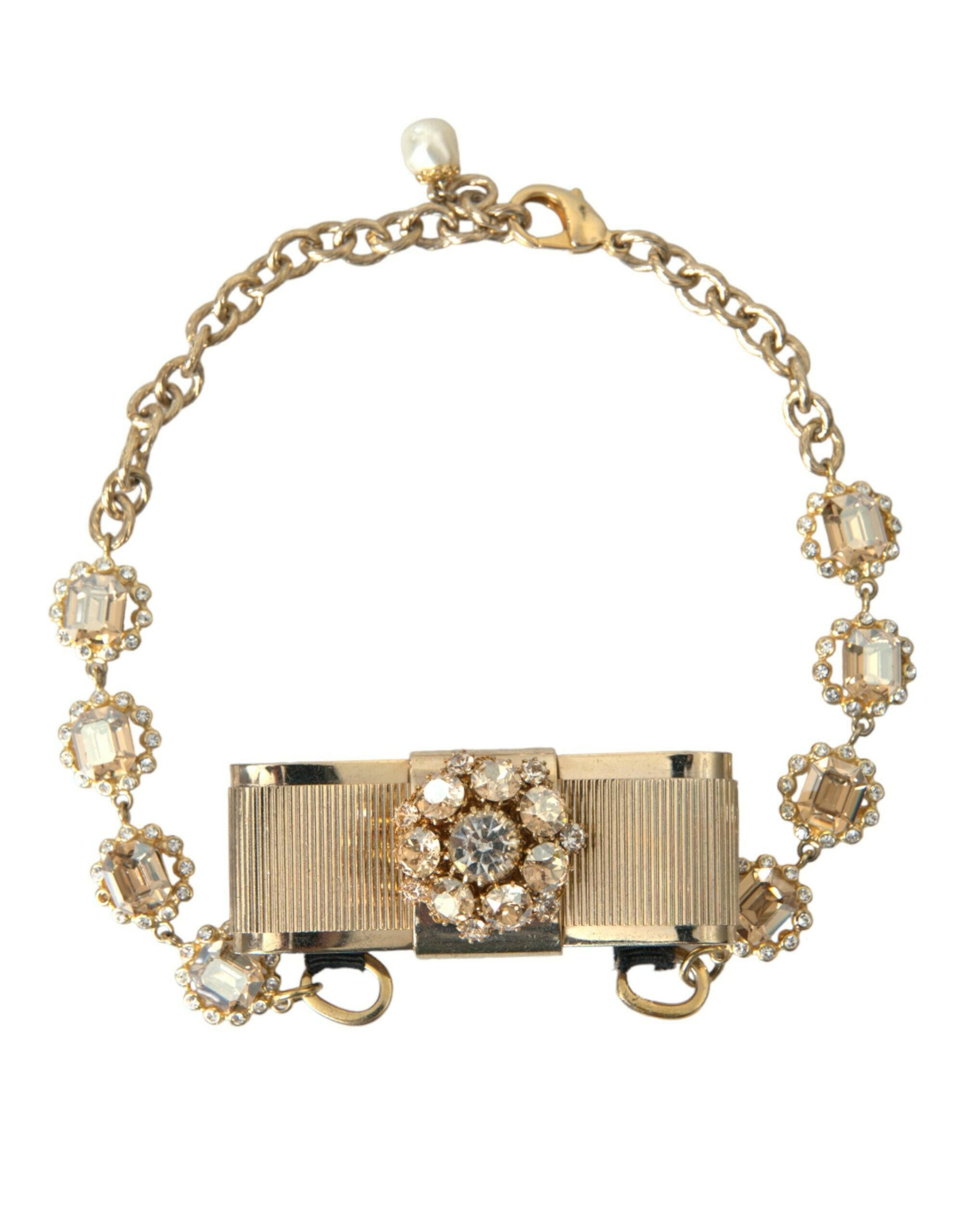 Dolce & Gabbana Gold Brass Clear Crystal Bow Chain Choker Necklace.