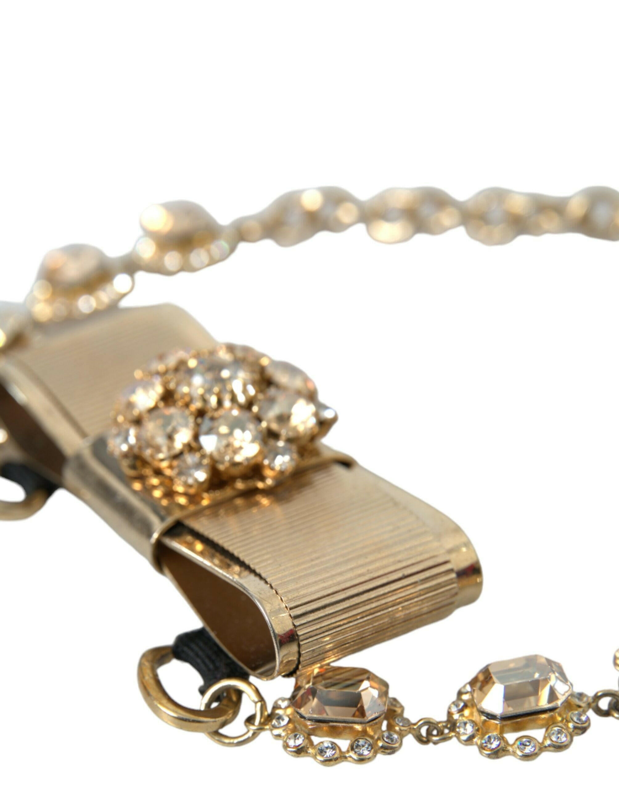 Dolce & Gabbana Gold Brass Clear Crystal Bow Chain Choker Necklace.