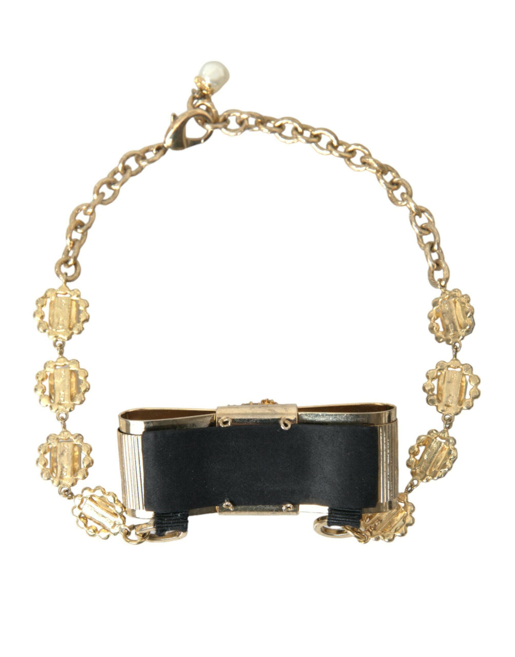 Dolce & Gabbana Gold Brass Clear Crystal Bow Chain Choker Necklace.