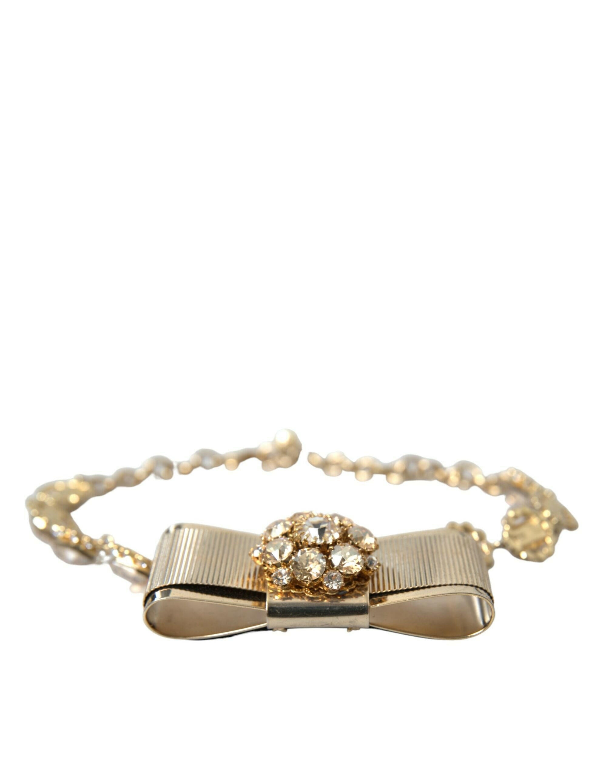 Dolce & Gabbana Gold Brass Clear Crystal Bow Chain Choker Necklace.
