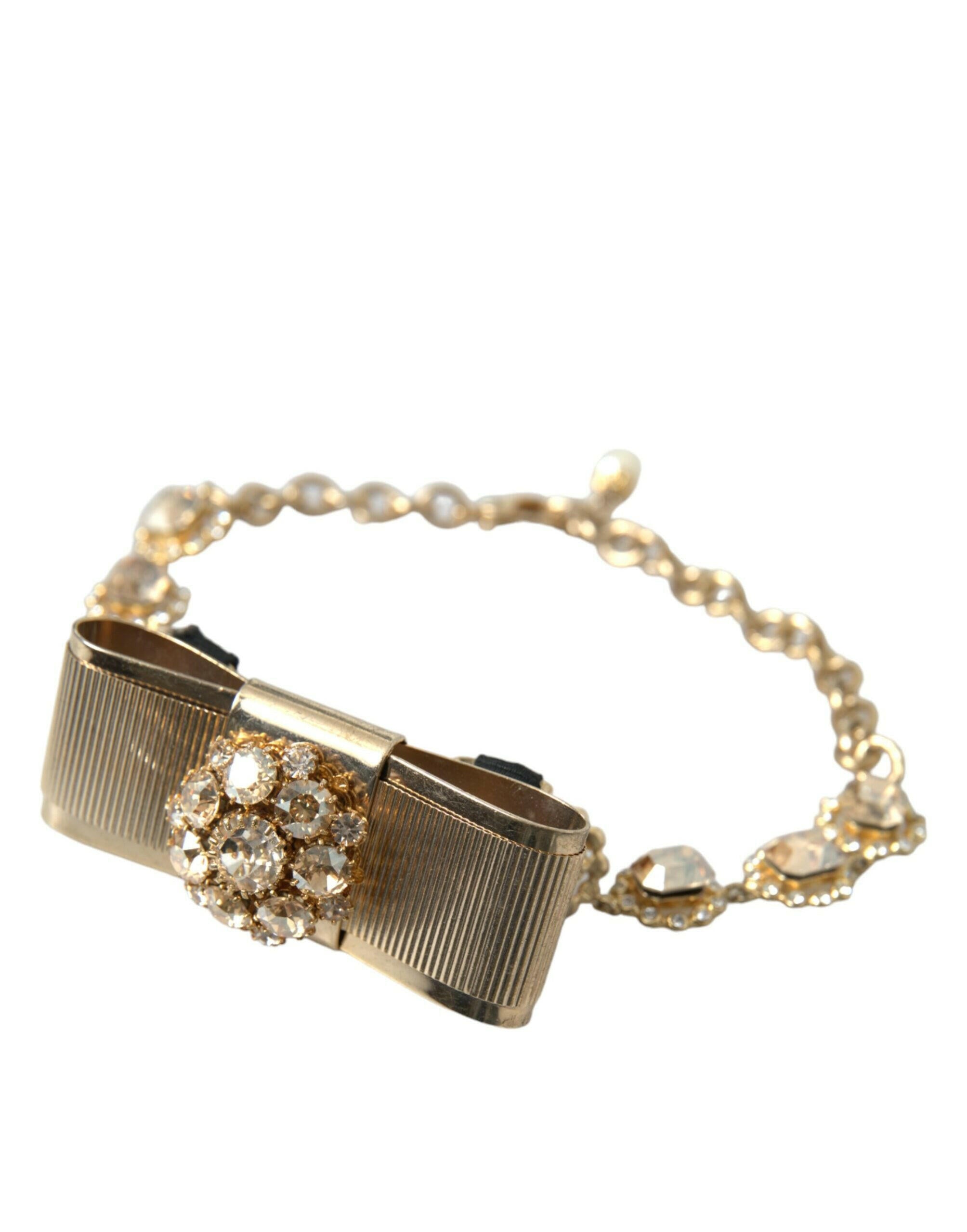 Dolce & Gabbana Gold Brass Clear Crystal Bow Chain Choker Necklace.