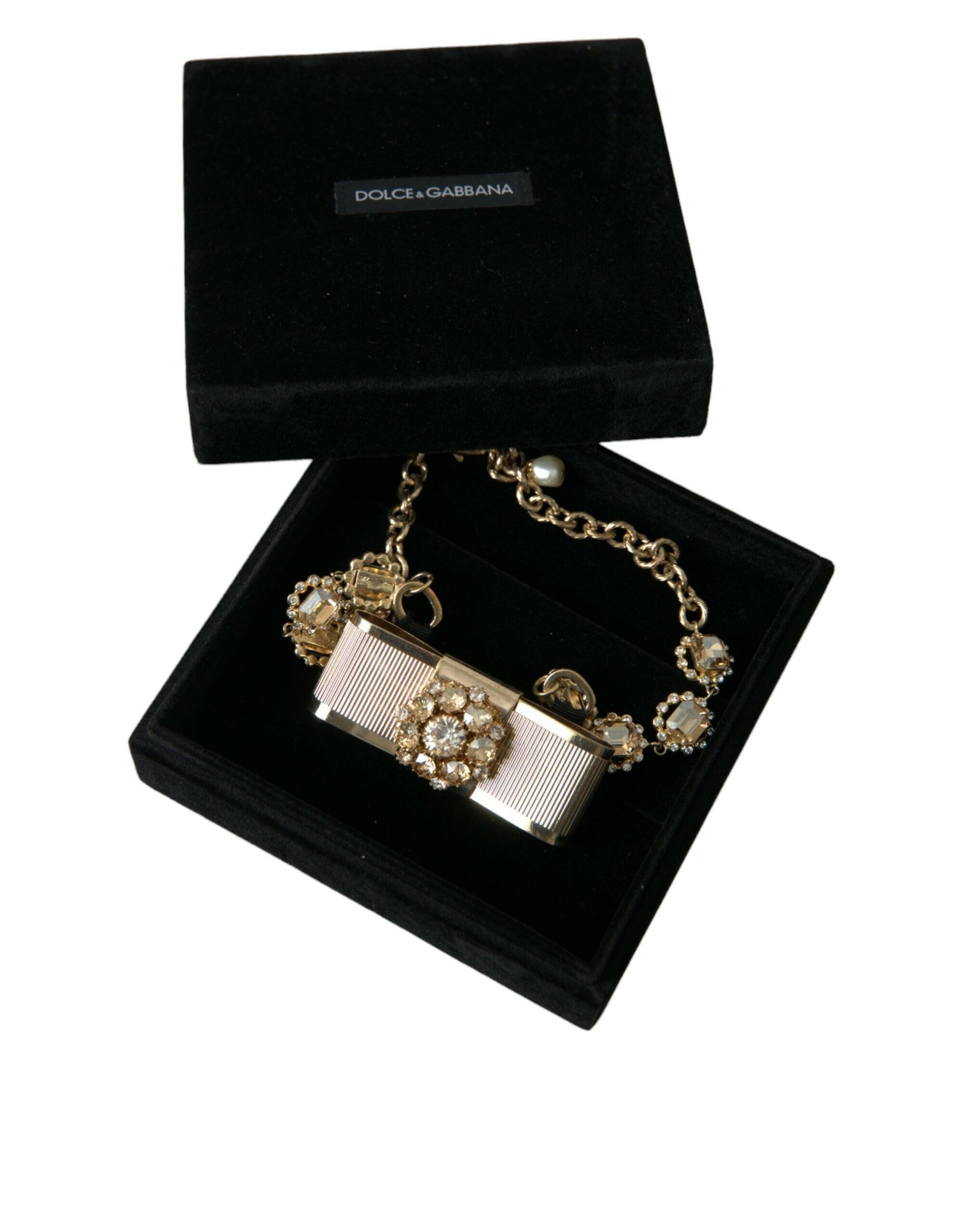 Dolce & Gabbana Gold Brass Clear Crystal Bow Chain Choker Necklace.