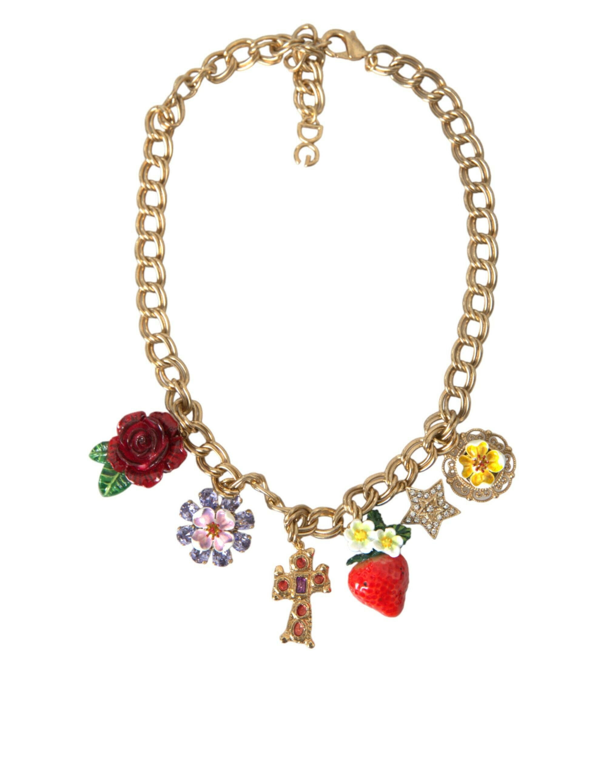 Dolce & Gabbana Gold Chain Rose Cross Strawberry Star Pendant Necklace.