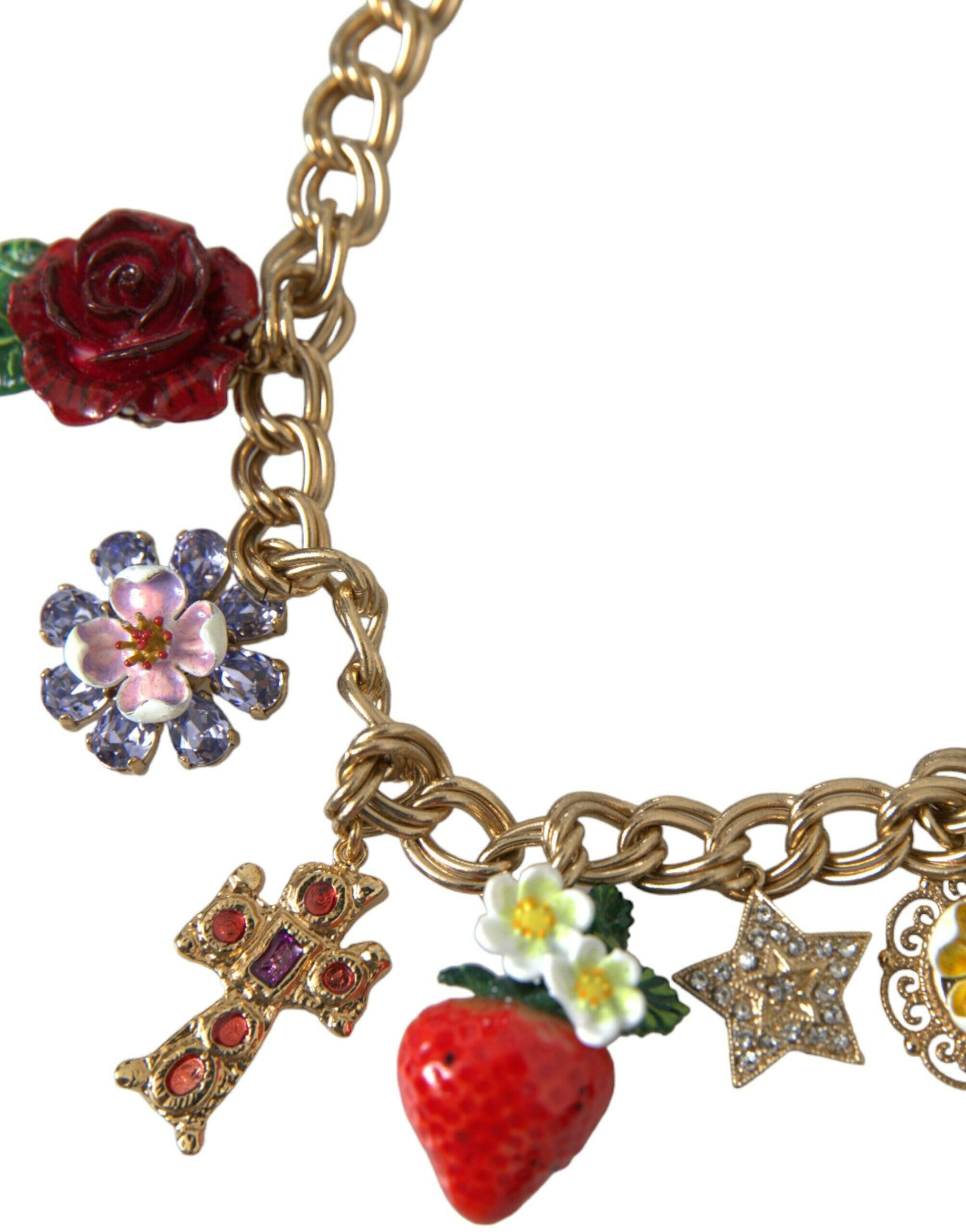 Dolce & Gabbana Gold Chain Rose Cross Strawberry Star Pendant Necklace.