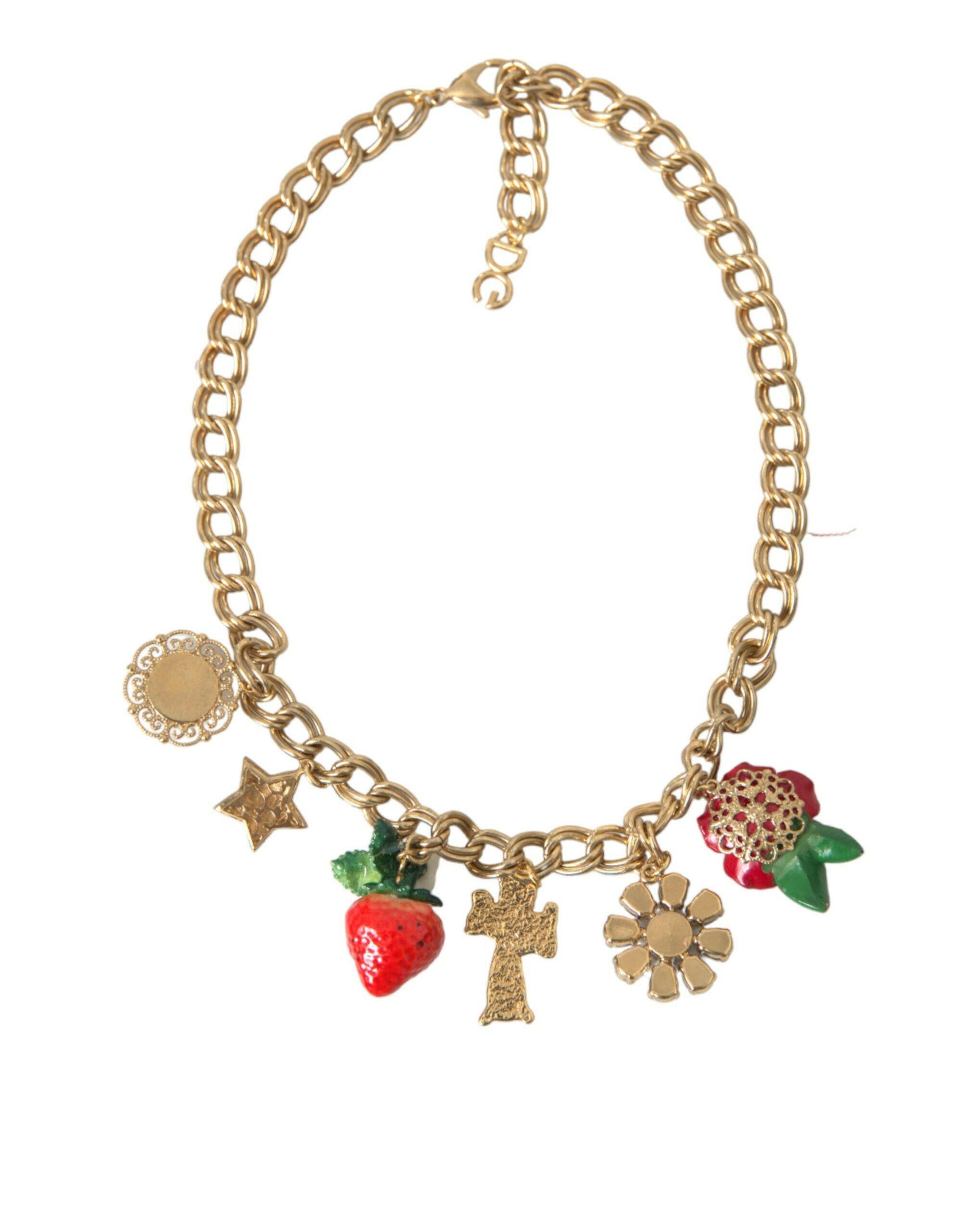 Dolce & Gabbana Gold Chain Rose Cross Strawberry Star Pendant Necklace.