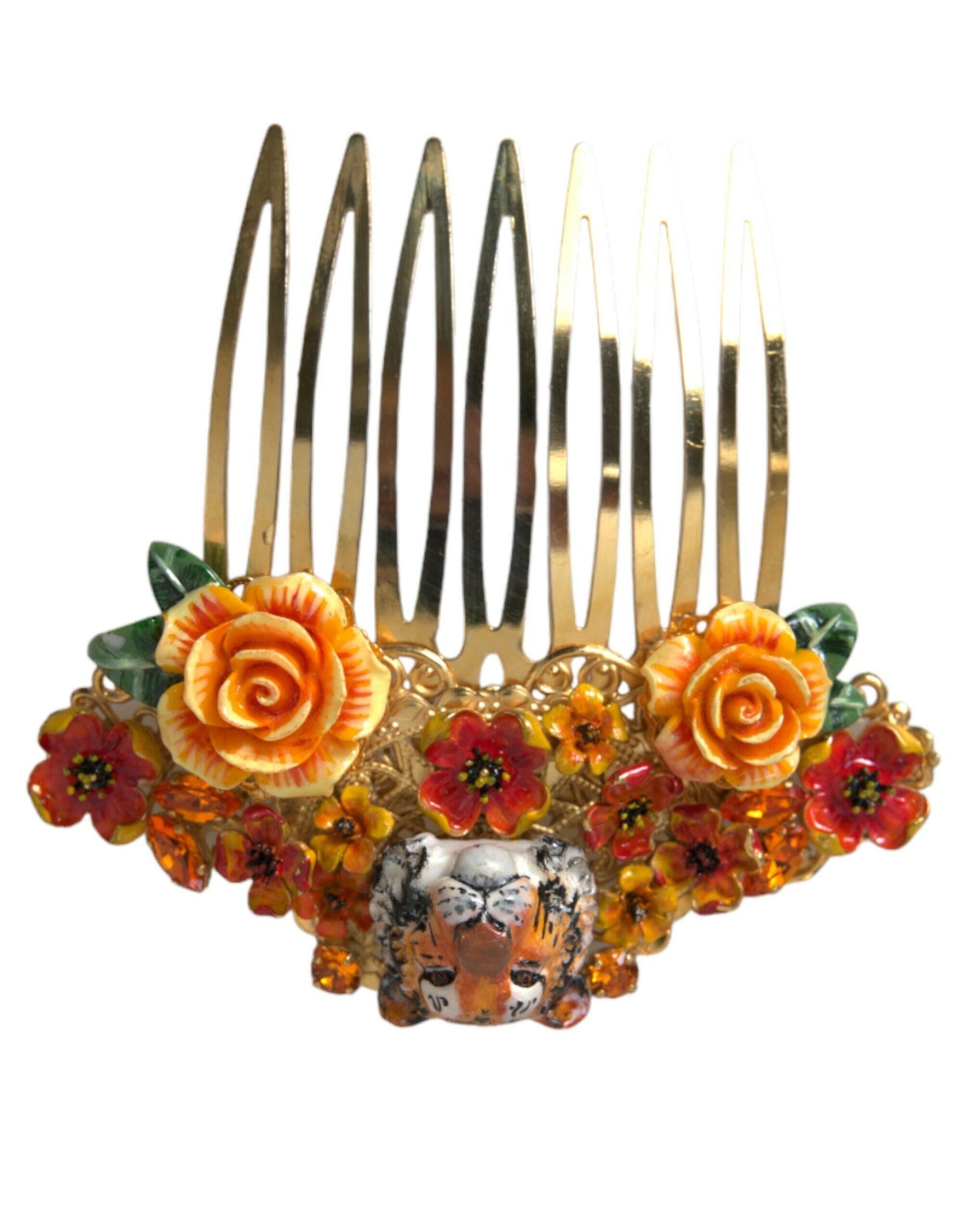 Dolce & Gabbana Gold Brass Crystal Leopard Floral Hair Comb.
