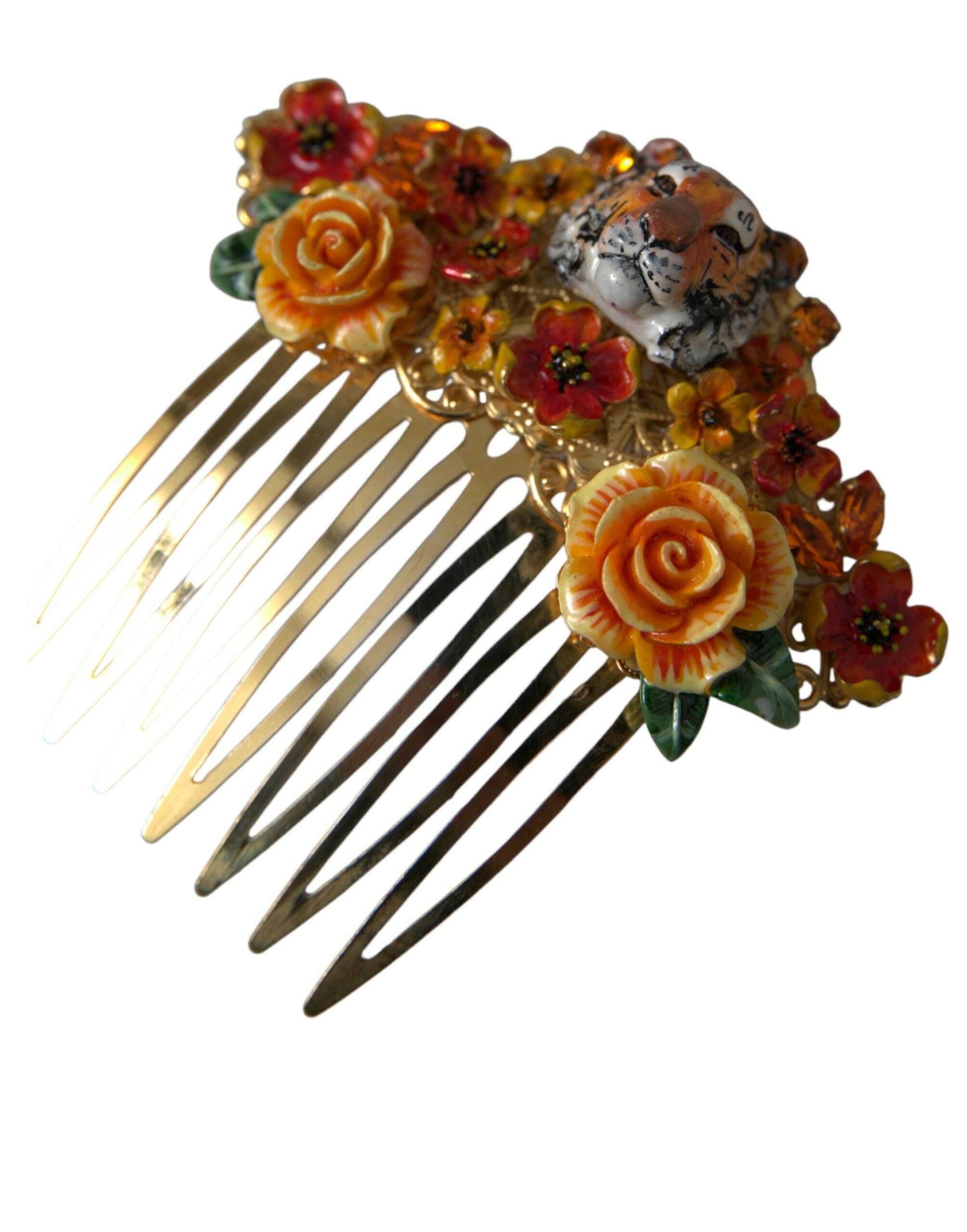 Dolce & Gabbana Gold Brass Crystal Leopard Floral Hair Comb.