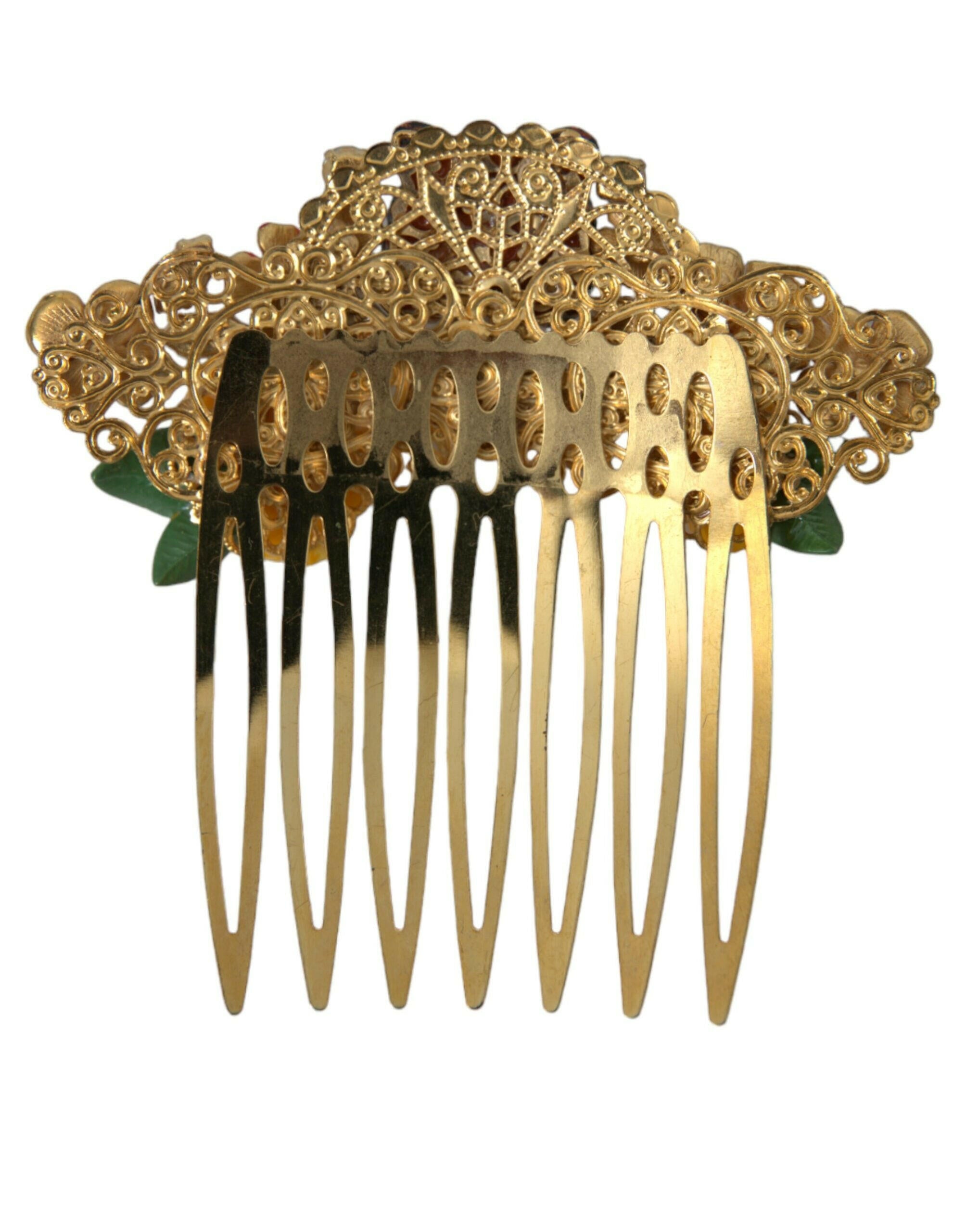 Dolce & Gabbana Gold Brass Crystal Leopard Floral Hair Comb.