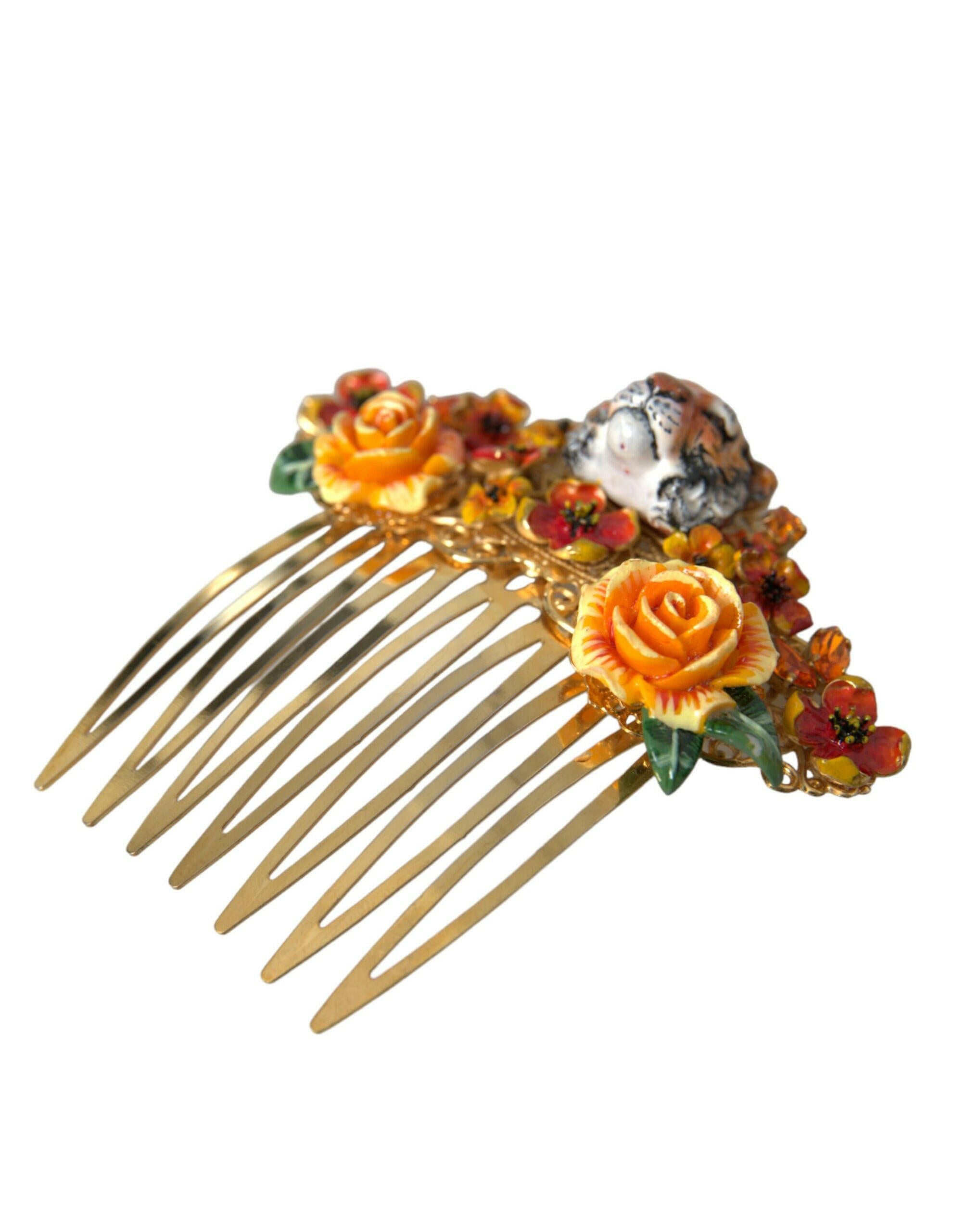 Dolce & Gabbana Gold Brass Crystal Leopard Floral Hair Comb.