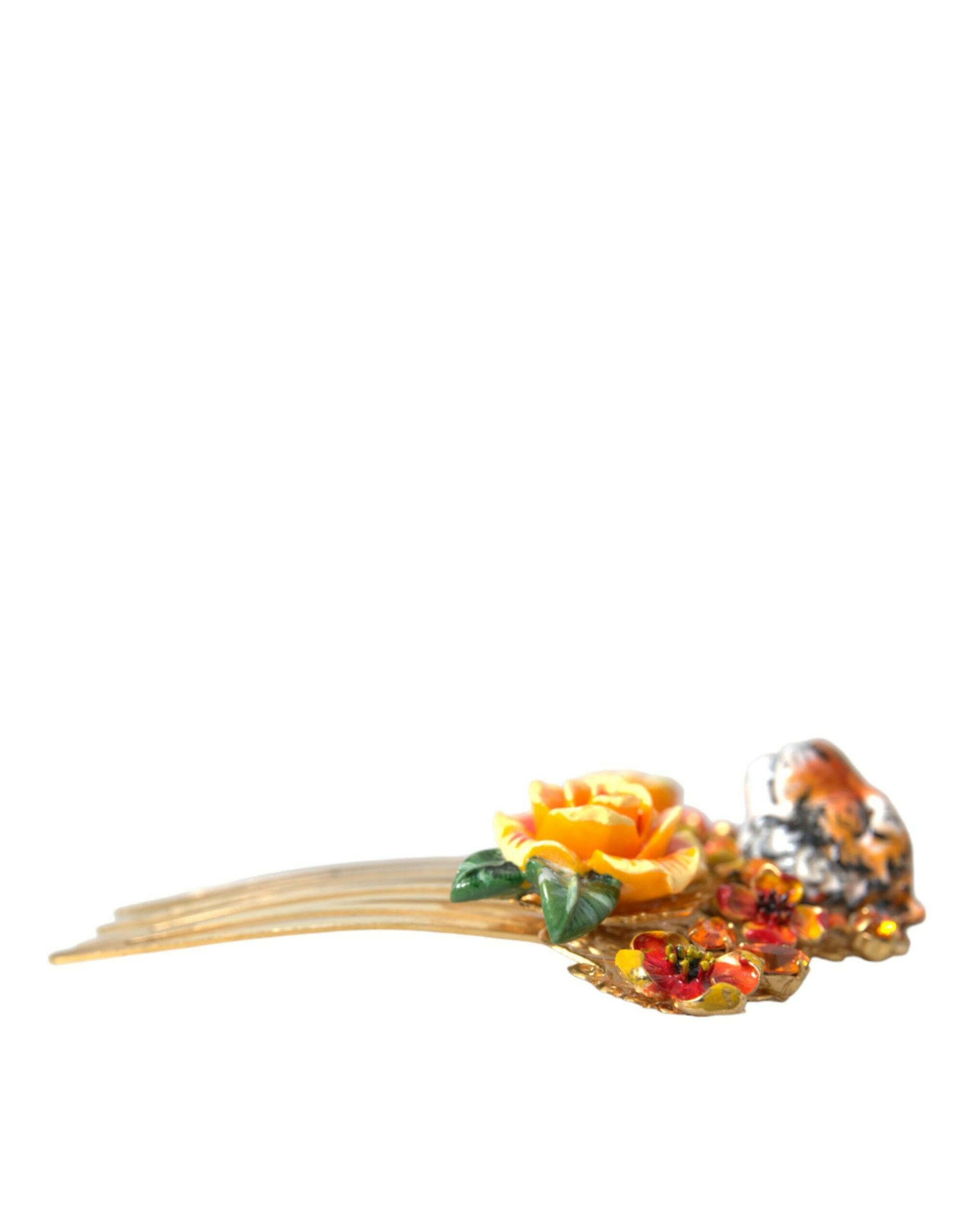 Dolce & Gabbana Gold Brass Crystal Leopard Floral Hair Comb.