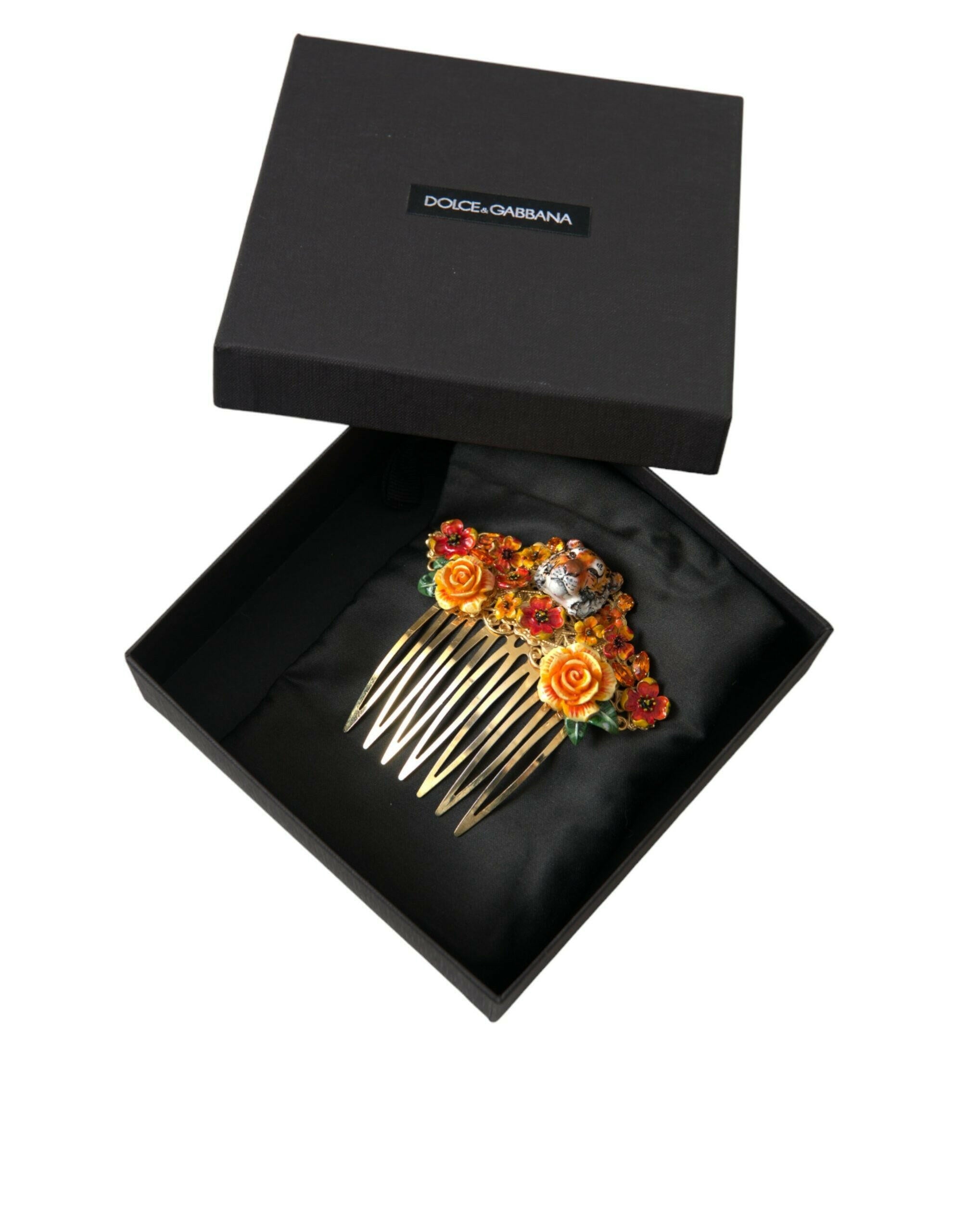 Dolce & Gabbana Gold Brass Crystal Leopard Floral Hair Comb.
