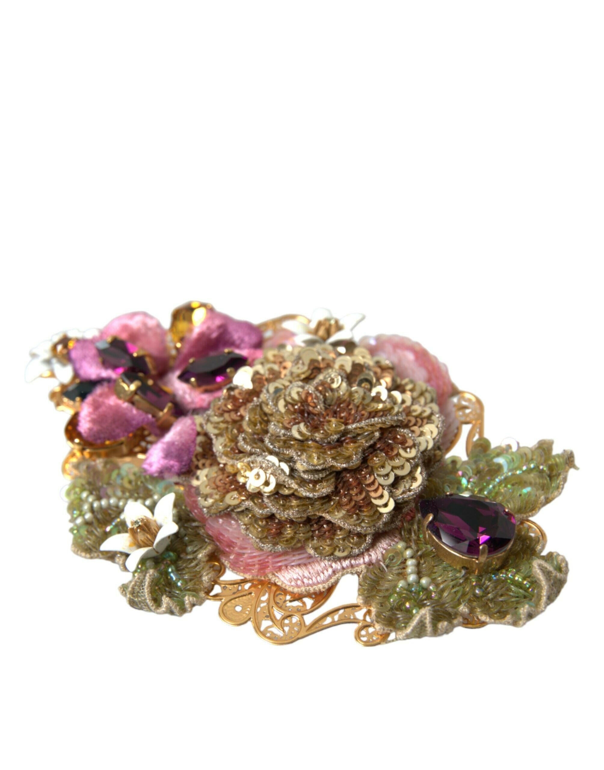 Dolce & Gabbana Gold Brass Floral Crystal Sequined Hair Clip.