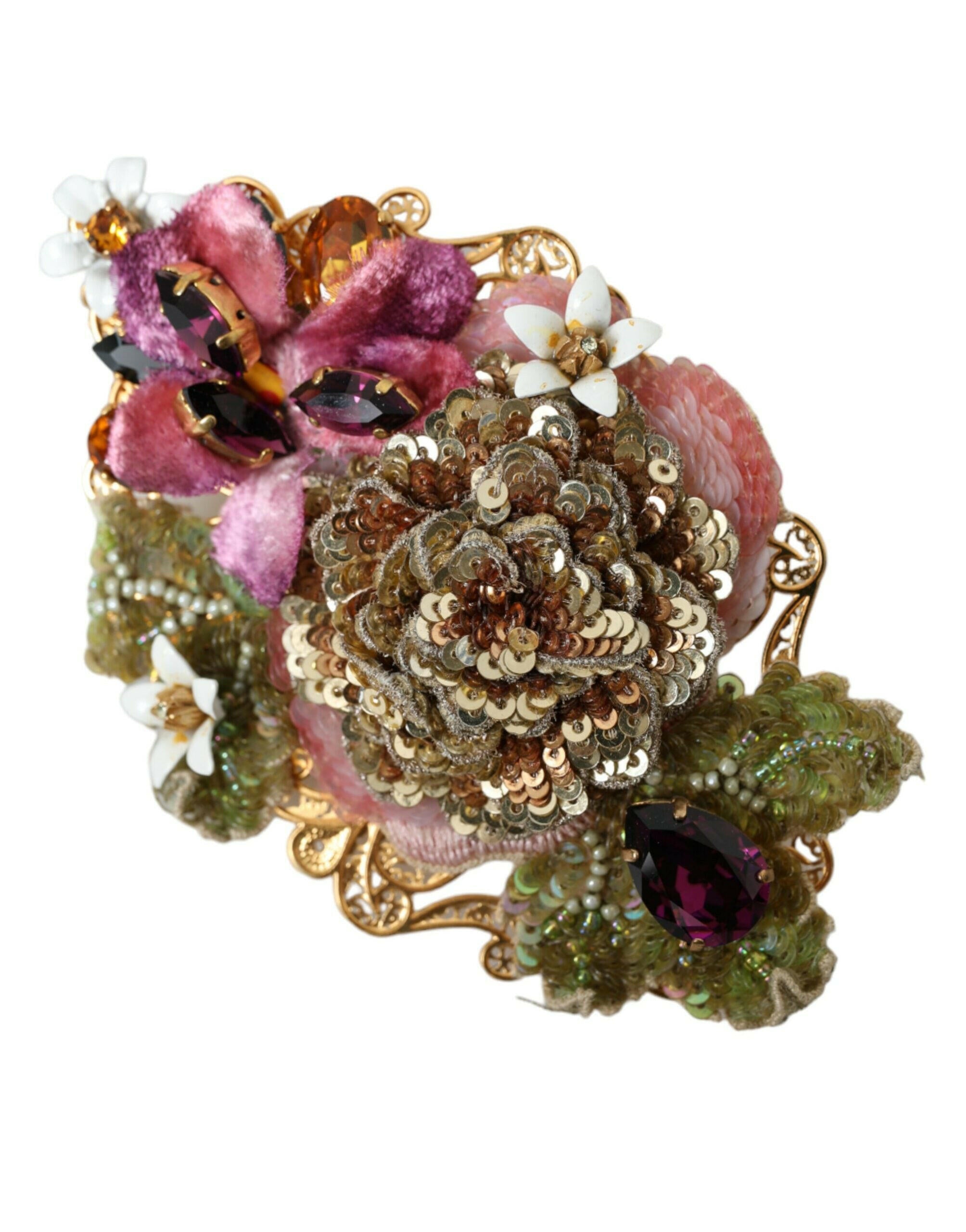 Dolce & Gabbana Gold Brass Floral Crystal Sequined Hair Clip.
