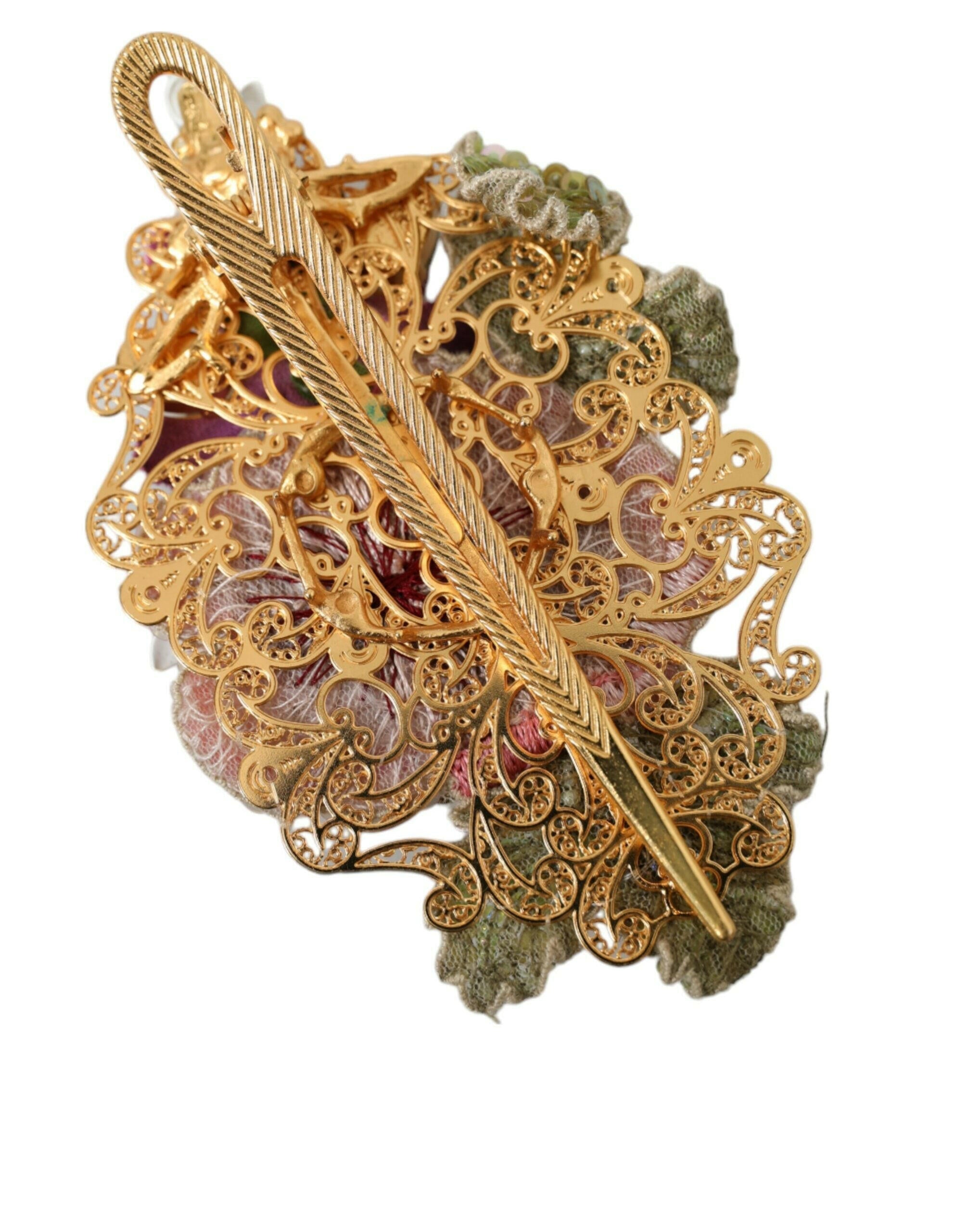 Dolce & Gabbana Gold Brass Floral Crystal Sequined Hair Clip.