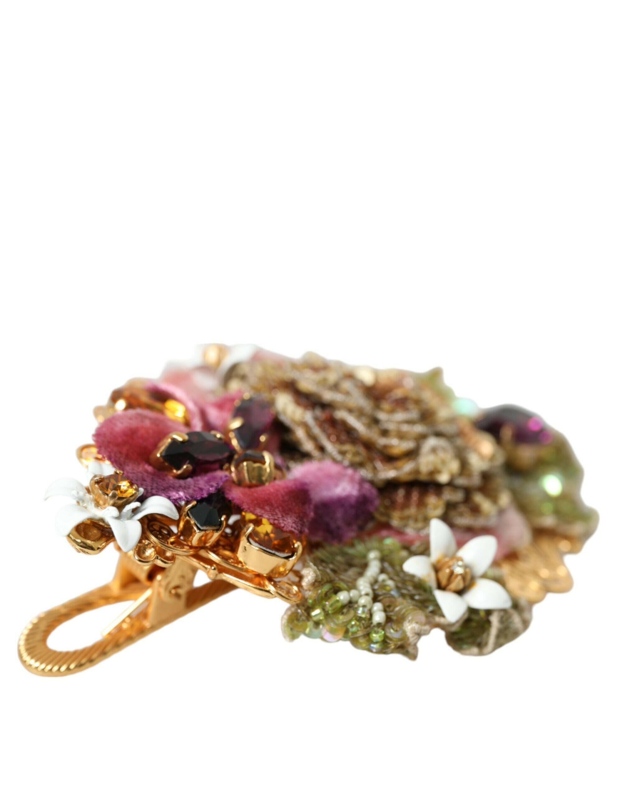 Dolce & Gabbana Gold Brass Floral Crystal Sequined Hair Clip.