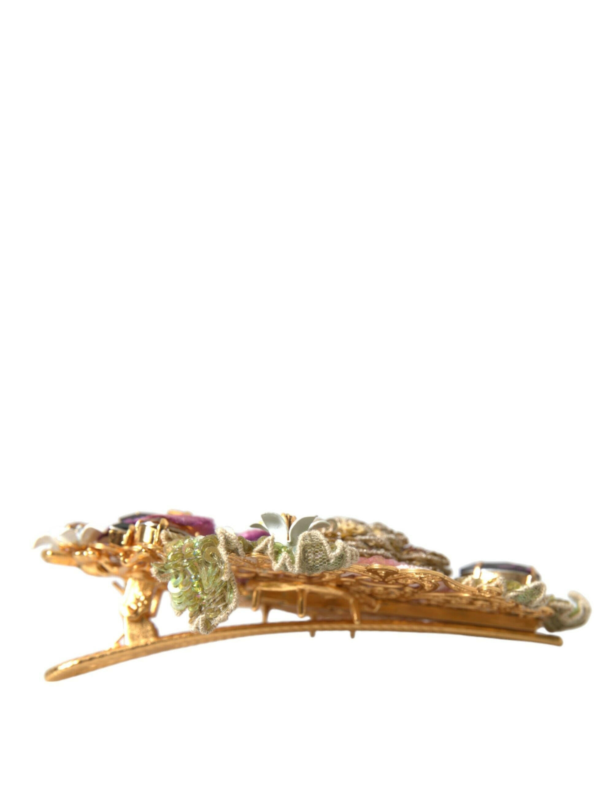 Dolce & Gabbana Gold Brass Floral Crystal Sequined Hair Clip.