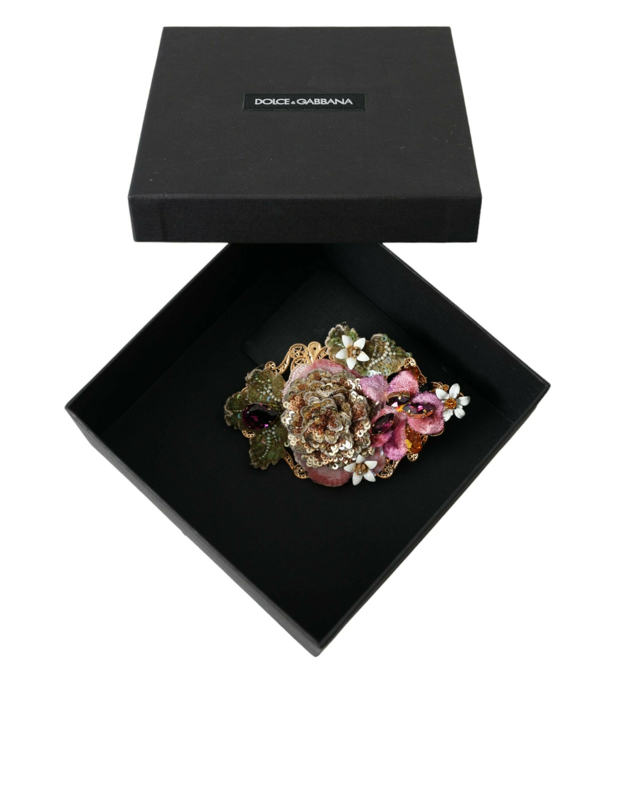 Dolce & Gabbana Gold Brass Floral Crystal Sequined Hair Clip.