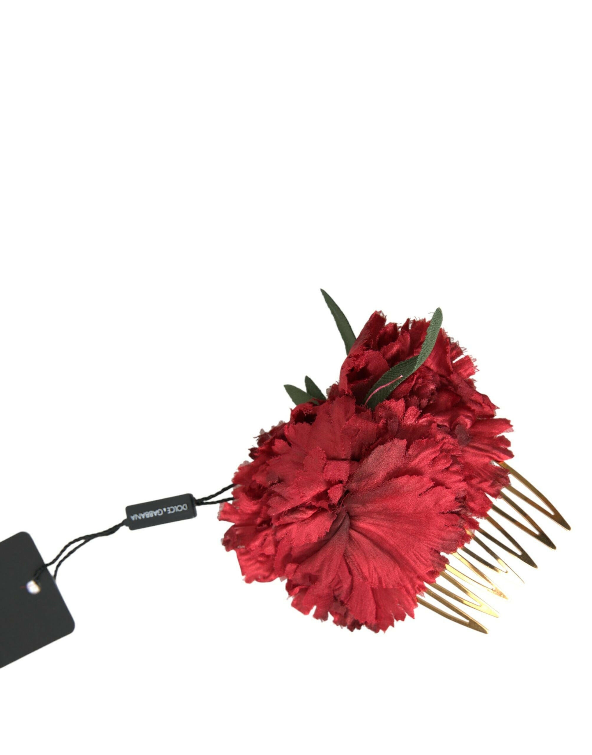 Dolce & Gabbana Red Silk Floral Gold Brass Women Hair Comb.
