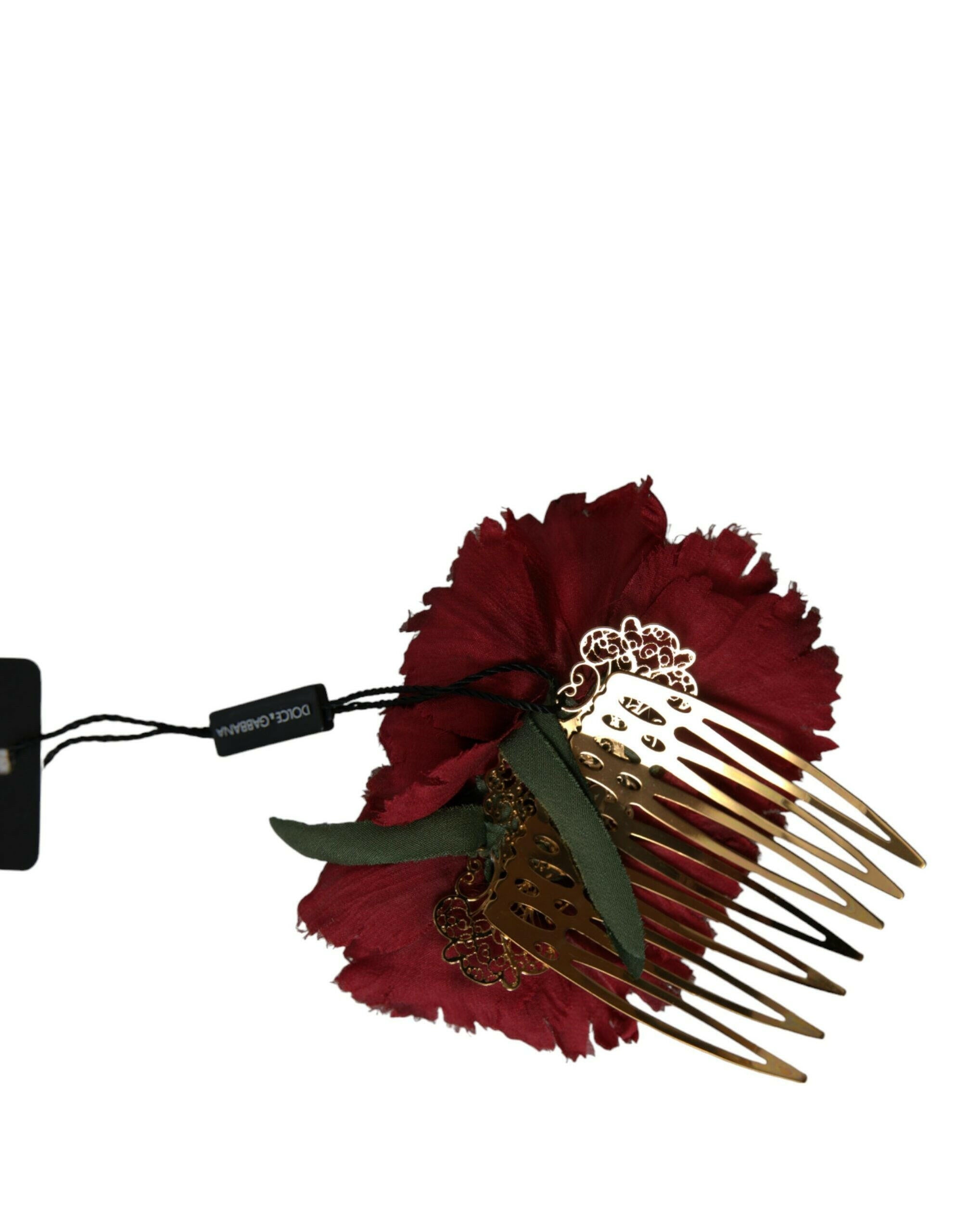 Dolce & Gabbana Red Silk Floral Gold Brass Women Hair Comb.